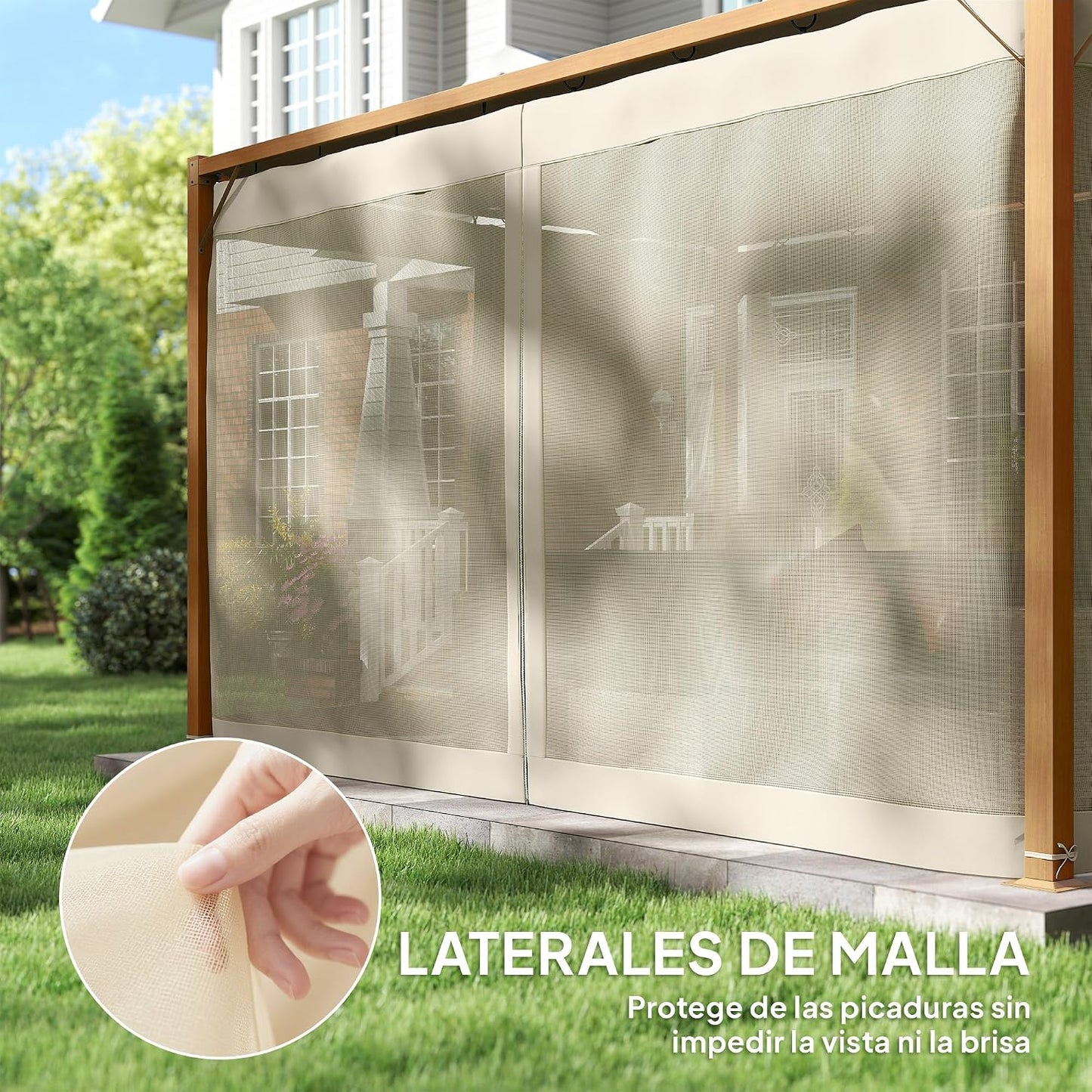 Outsunny Pérgola de Jardín 3x4 m con Techo Retráctil y 4 Paredes Laterales de Malla, Cenador de Jardín con Estructura de Aluminio, UPF30+, Pabellón para Exterior, Patio, Terraza, Natural