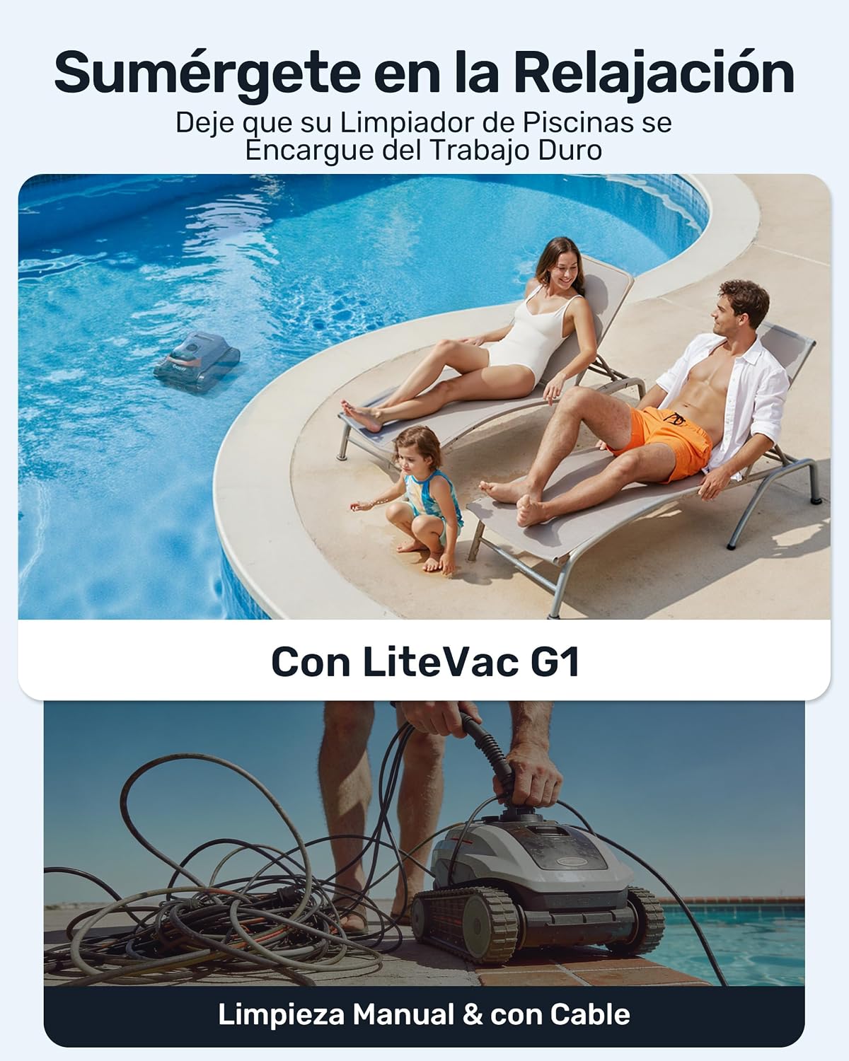 Gosvor LiteVac G1 Robot Limpiafondos Piscina,7kg,200min Autonomía,Doble Filtración,Control de la App,200m²,Gris Anaranjado