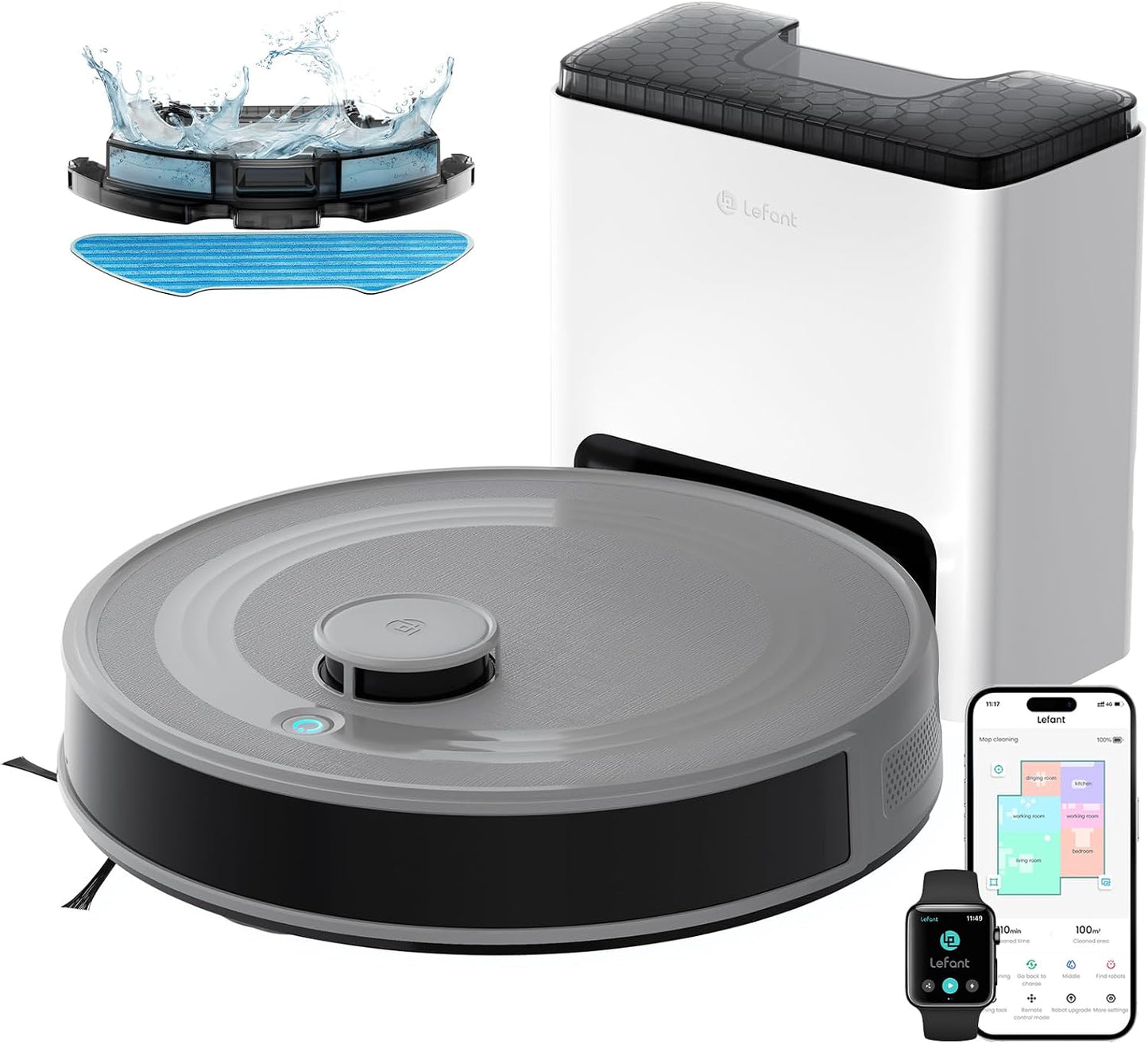 Lefant M2S Plus Robot Aspirador y Fregasuelos Lavador con Estación, 10000Pa, 240min, Navegación dToF, Aspirador Automático Polvo, Evasión de Obstáculos, Alexa/App/WiFi, Gris