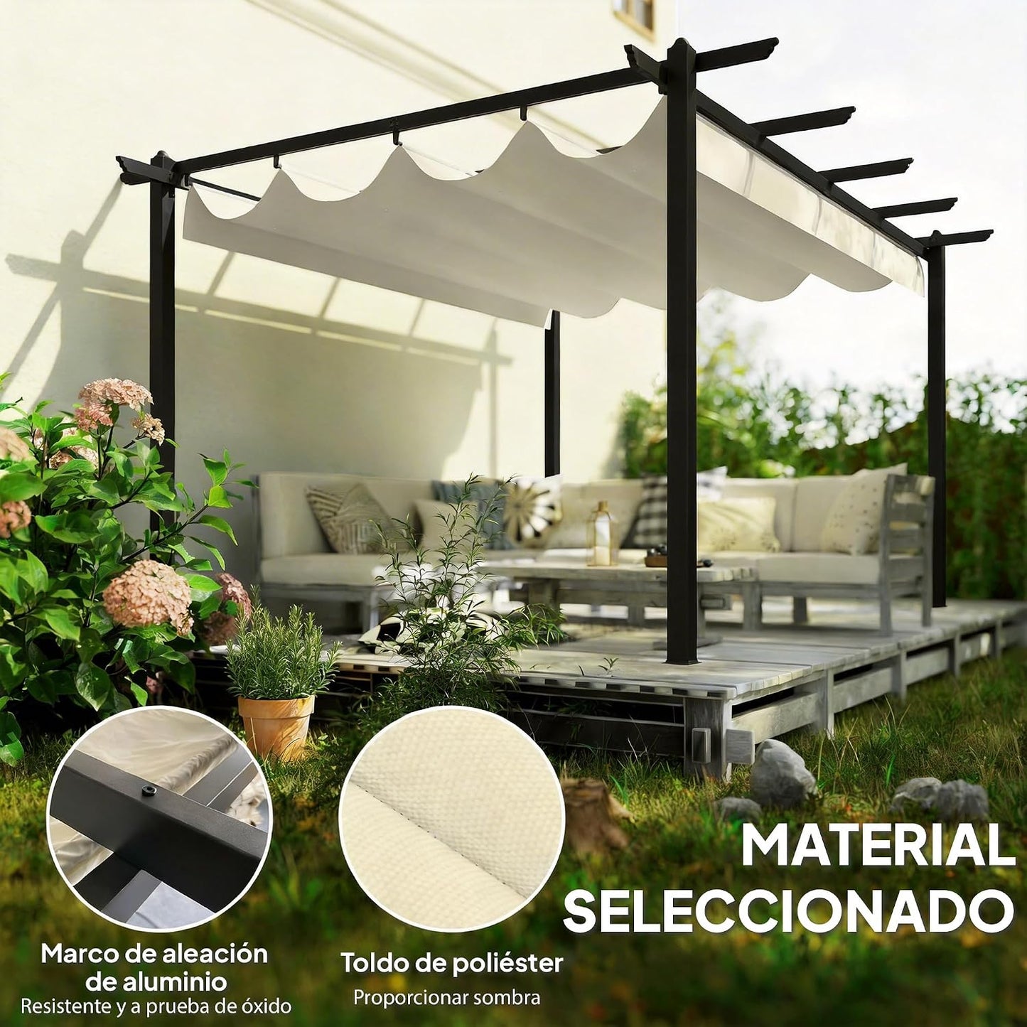 Outsunny Pérgola de Jardín 4x3 m con Techo Retráctil, Cenador de Jardín con Estructura de Aluminio, UPF30+, Orificios de Drenaje, Pabellón para Exterior, Patio, Terraza, Crema