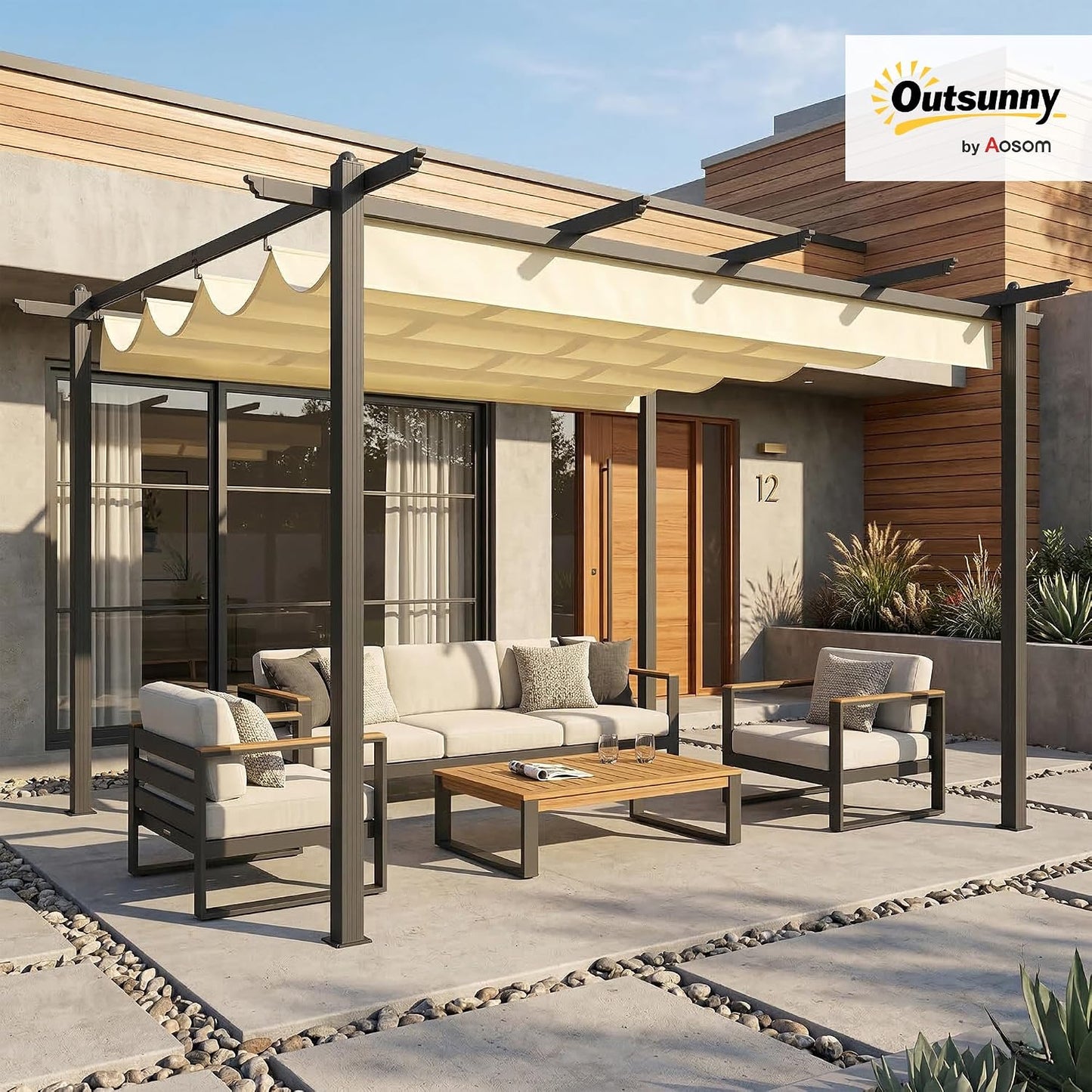 Outsunny Pérgola de Jardín 4x3 m con Techo Retráctil, Cenador de Jardín con Estructura de Aluminio, UPF30+, Orificios de Drenaje, Pabellón para Exterior, Patio, Terraza, Crema