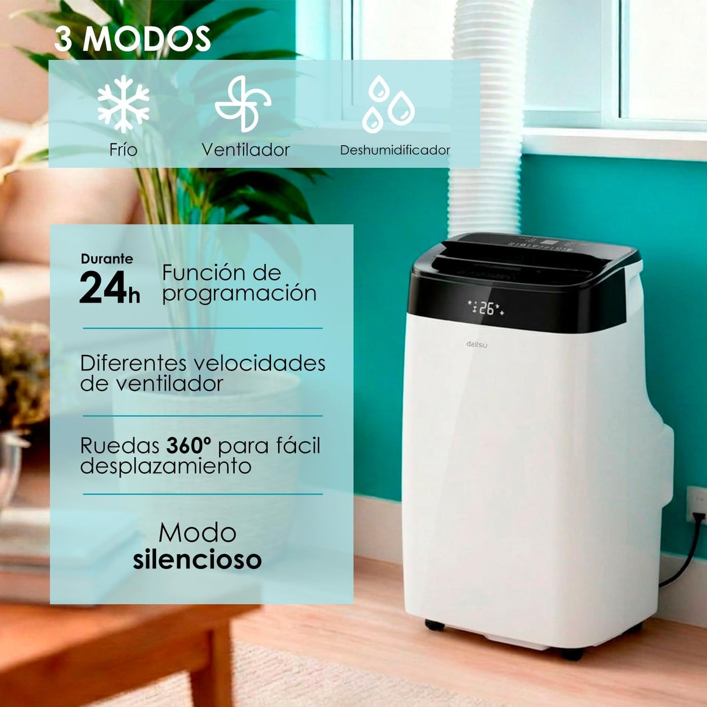 Daitsu Aire Acondicionado Portátil con Deshumidificador Alisios Premium APD 09FX2 | Mando a Distancia | Eficiente y Compacto para el Hogar y Oficina | Estancias hasta 22 m2.