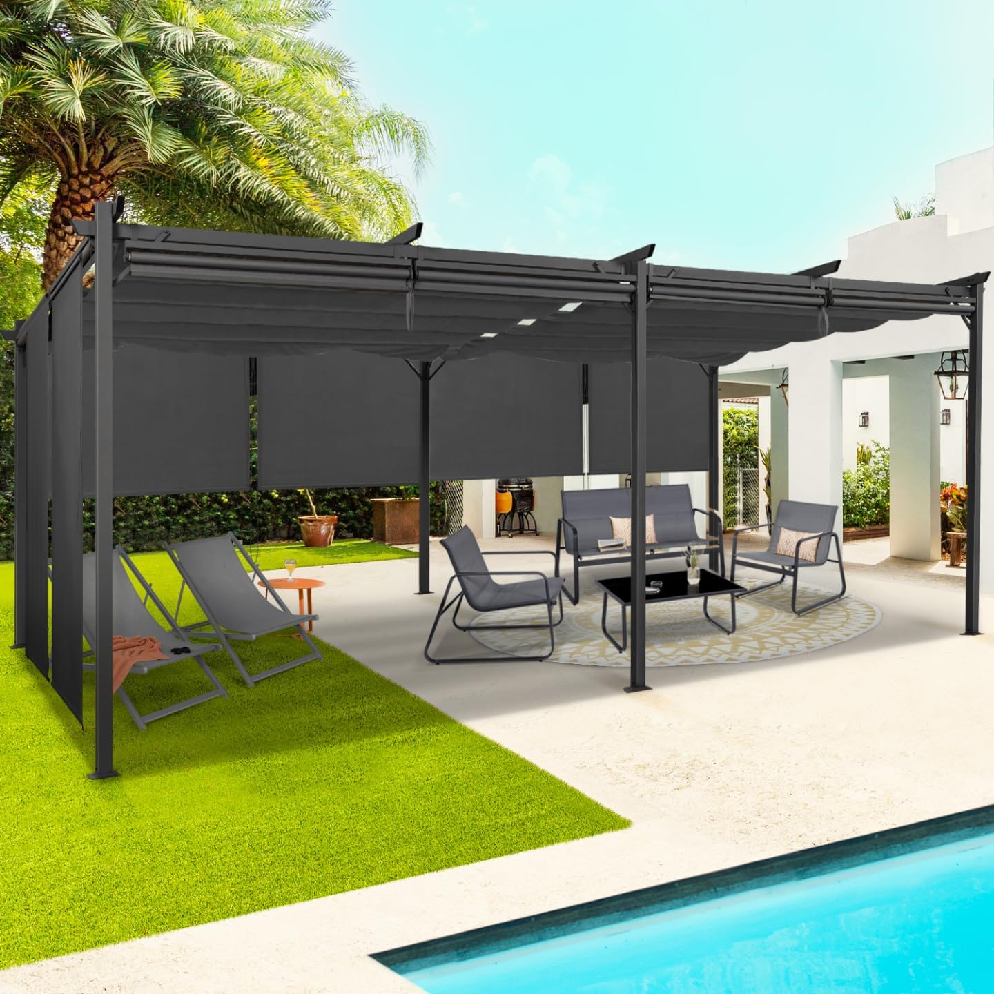 IDMarket - Pergola edición especial techo retráctil 3 x 6 m y 6 persianas, color gris