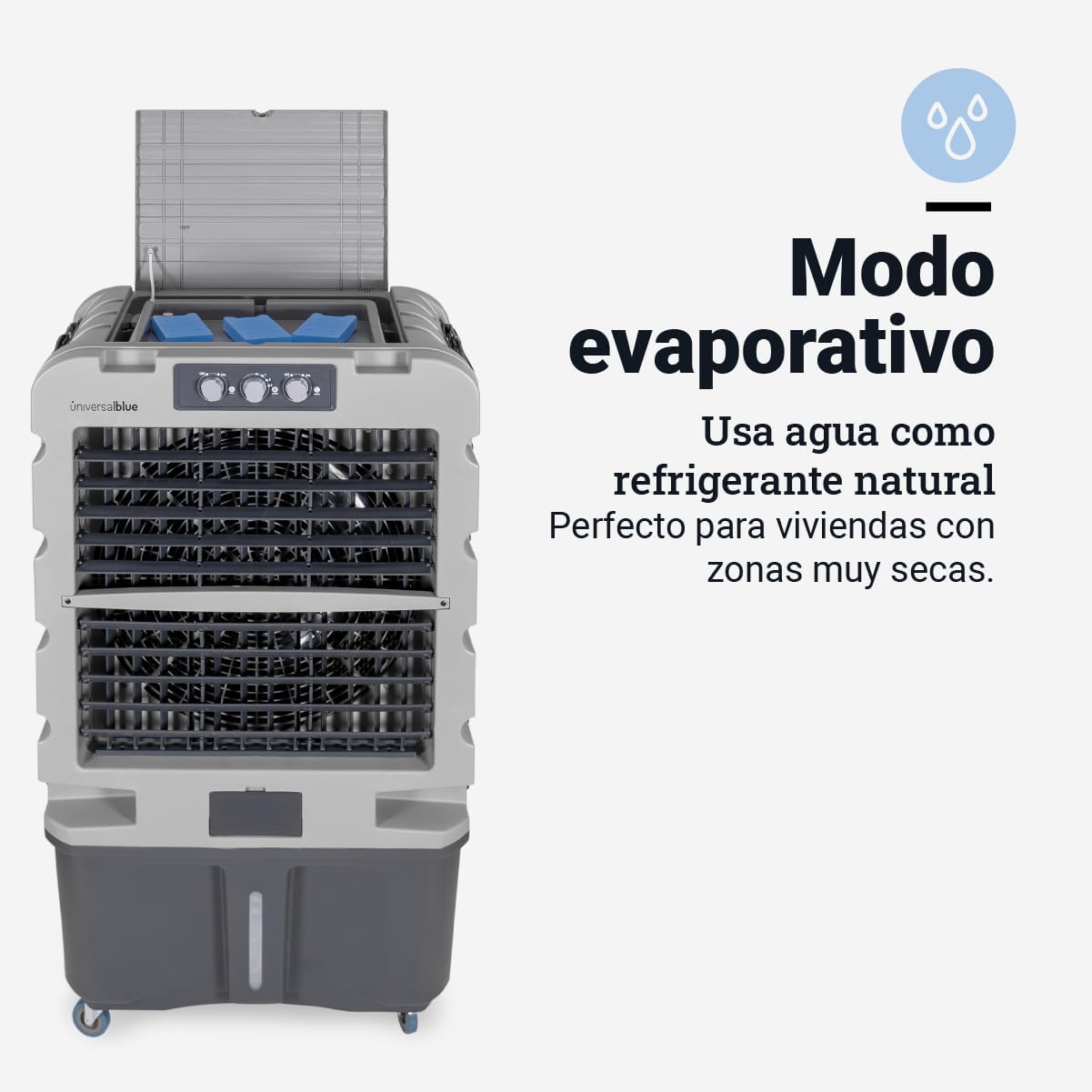 UNIVERSALBLUE Climatizador Modo Evaporativo y Frío Portatil | Aire Acondicionado Natural | x3 Packs de hielo | Capacidad 120L | 3 Velocidades | Silencioso | 10.000 m³/h | Superficies de 80 m²