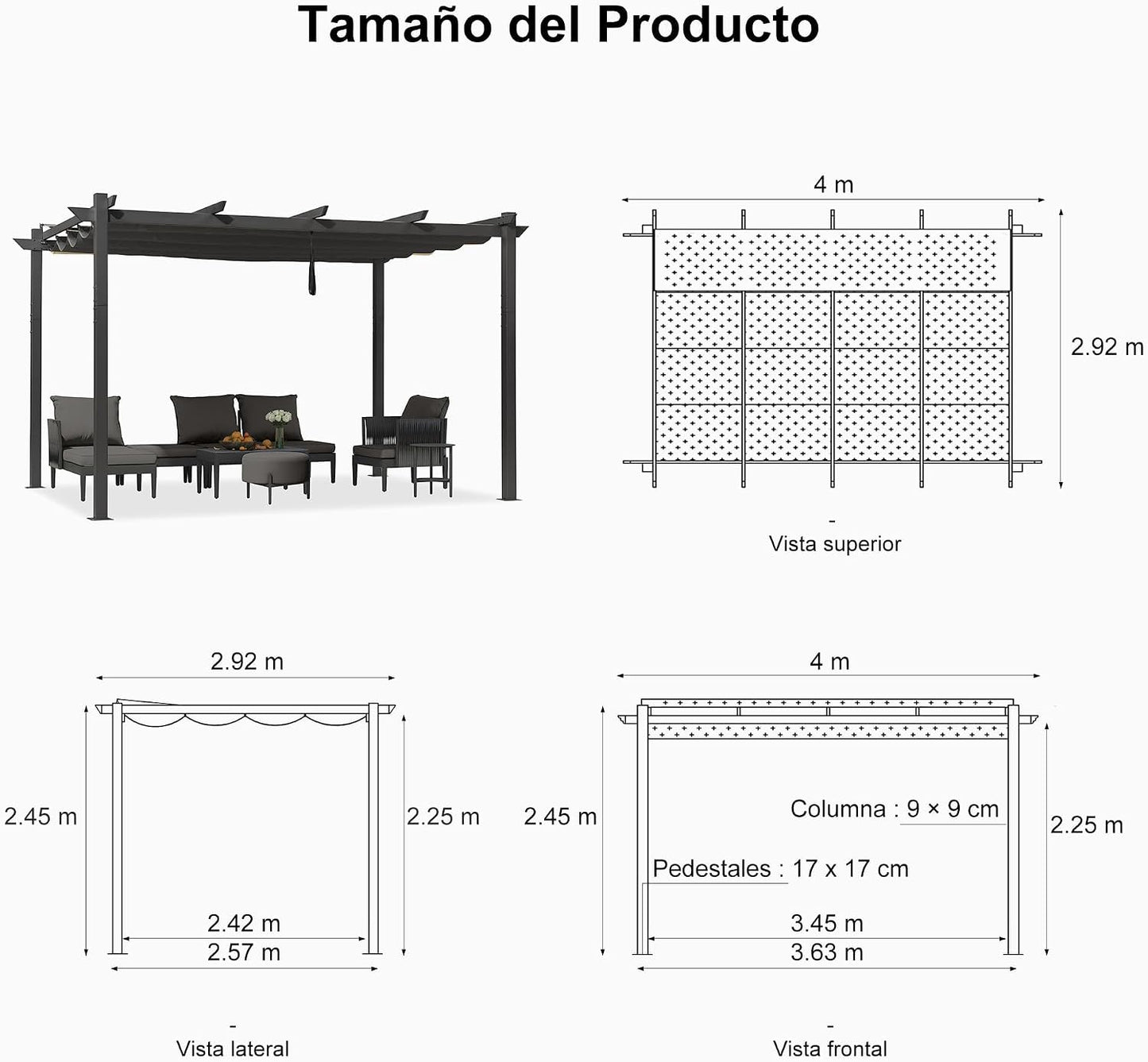 PURPLE LEAF Pergolas de Jardin Aluminio Cenadores para Jardin 3 x 4 M pérgolas con Techo Retráctil Tela para Camping Fiesta Celebraciones, Gris