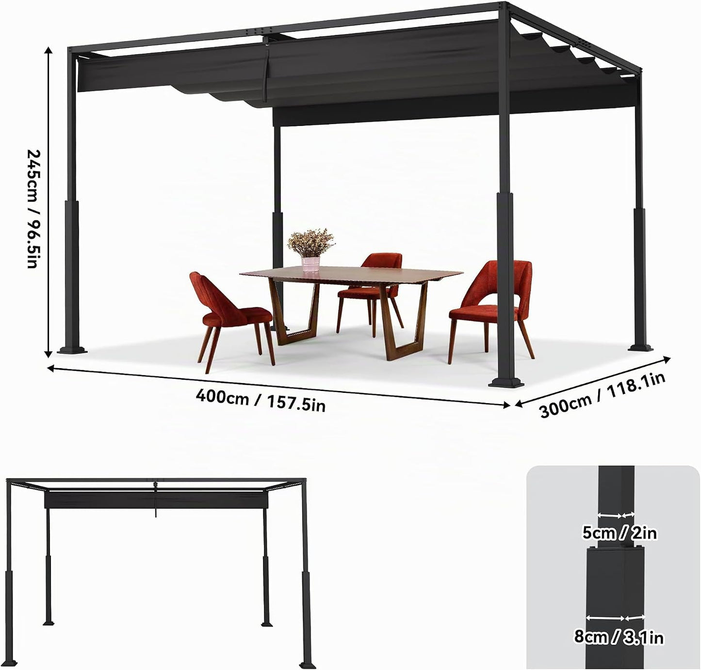 Pérgola de metal con techo solar, cenador estable de 3 x 4 m, para terraza, protección solar, para jardín, con columnas de metal robustas, para jardines, color negro