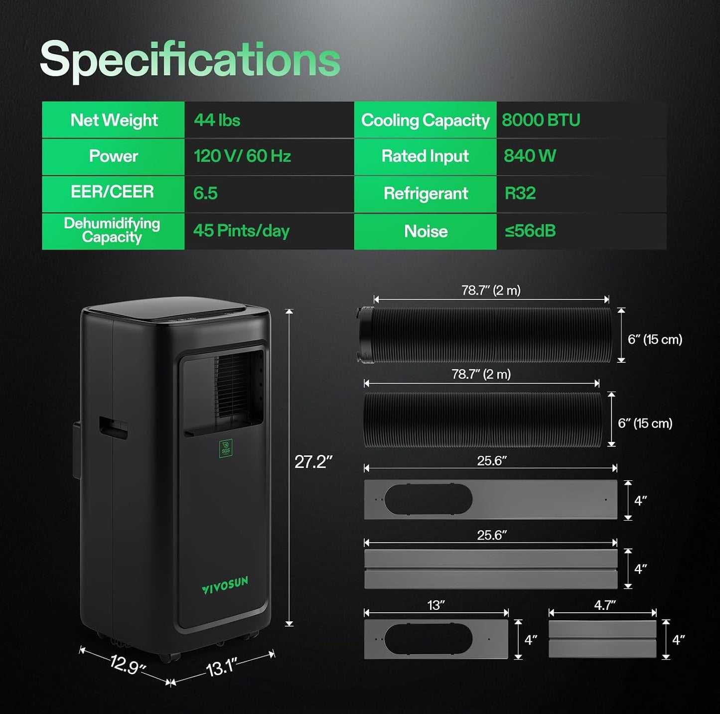 VIVOSUN AeroLush C08 Aire Acondicionado Inteligente, 7000 BTU, Función 4 en 1 con Sensor de Temperatura y Humedad, Control Remoto Inteligente, Ideal para Tiendas de Cultivo y Espacios Interiores