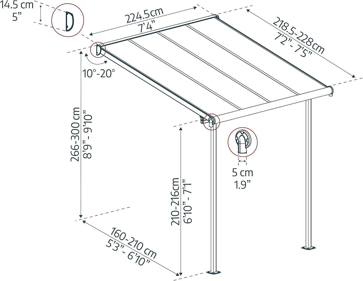 Canopia by Palram Pérgola Sierra 2.2X2.3 de Aluminio y Policarbonato, Moderna y Elegante, para Cubrir una Terraza Todo el Año (Gris)