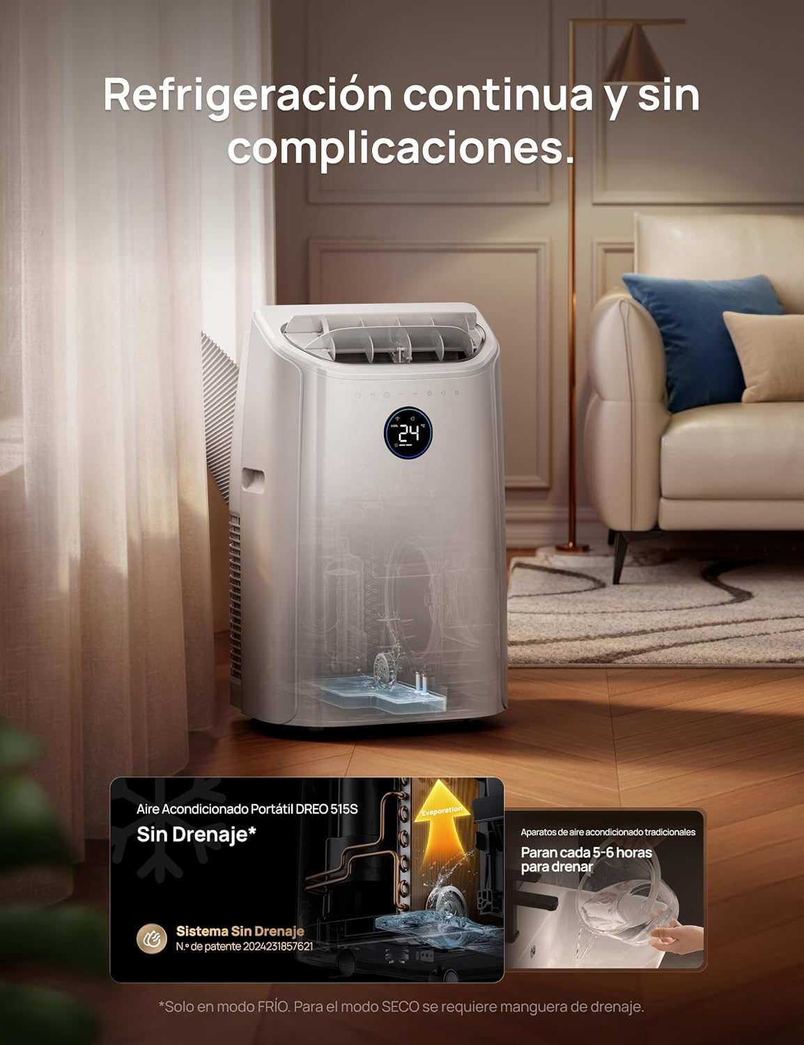 DREO Aire Acondicionado Portátil de 10000 BTU para Habitación, Refrigeración sin Drenaje, Silencioso, Control por Aplicación/Voz, Temporizador de 24 Horas, con Ventilador y Deshumidificador