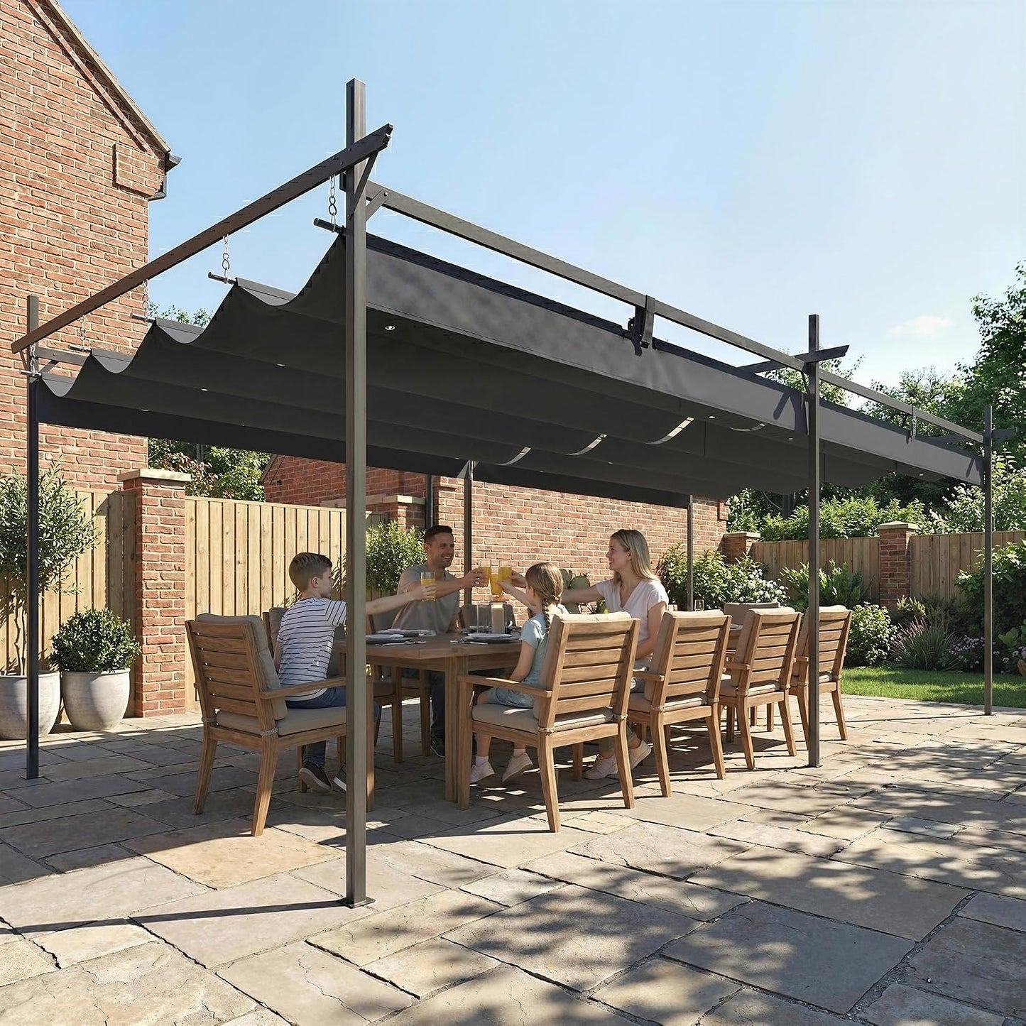 Outsunny Pérgola de Jardín 6x3 m con Techo Retráctil, Cenador de Jardín con UPF30+, Estructura Metálica, Tela de Poliéster, Pabellón para Exterior, Terraza, Gris Oscuro