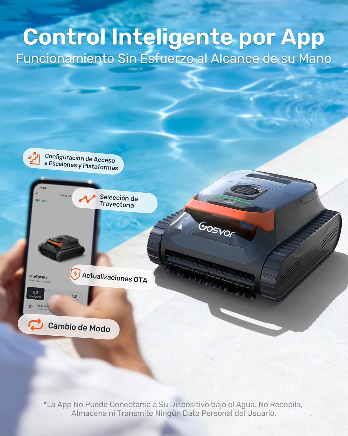 Gosvor (Nuovo 2026 Robot Piscina Limpiafondos y Paredes, Doble Filtración, Planificación Inteligente Rutas, 5 Modos, Control App, 200Min Autonomía, Línea Agua y Zona Poco Profunda,Gris Naranja