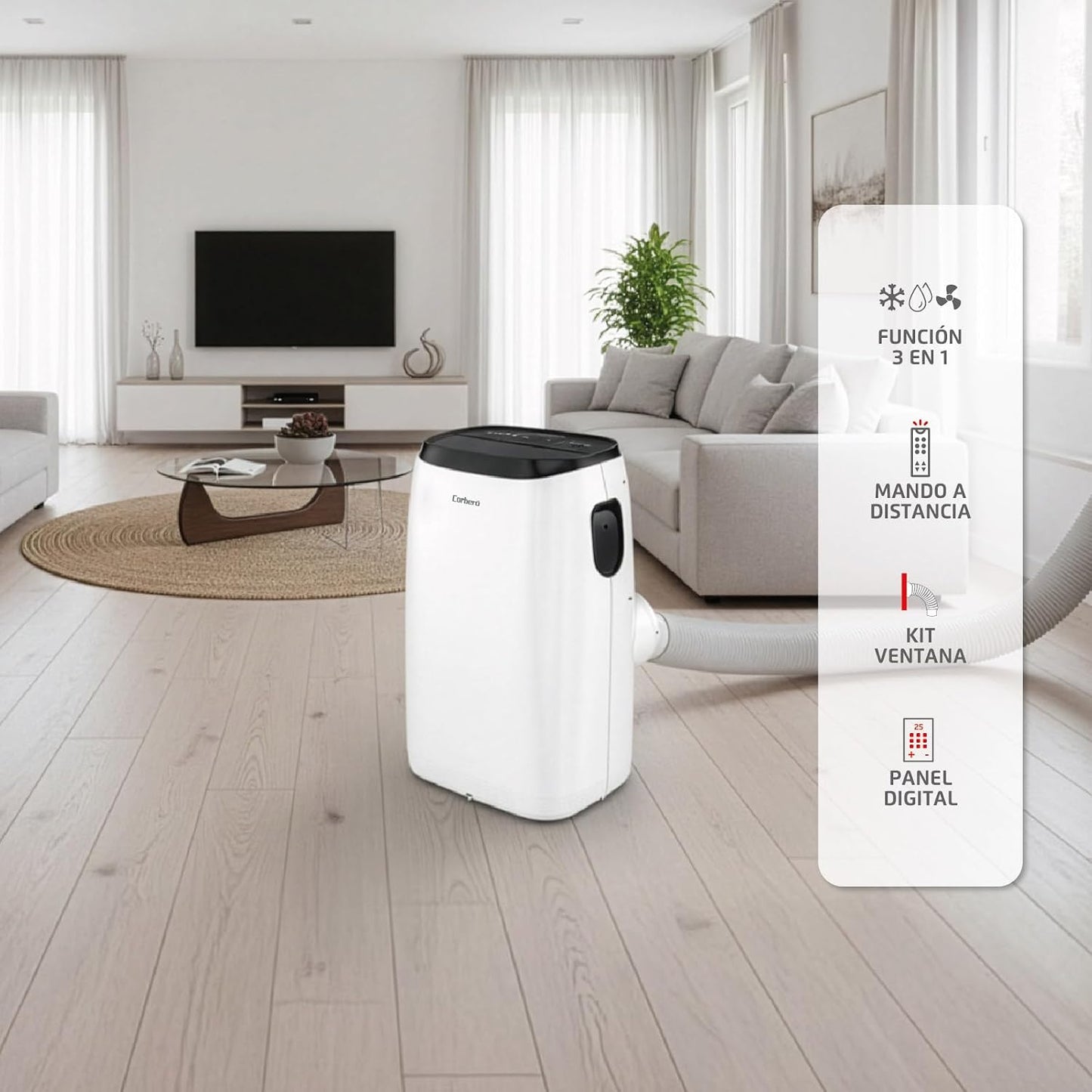 Corberó - Aire Acondicionado Portátil 3 en 1 con Mando | CPC14 | 14000 BTU- 4100 Frigorías | Cobertura 25-40 m² | 16-31 ºC | Refrigeración | Ventilador| Deshumidificación | Temporizador