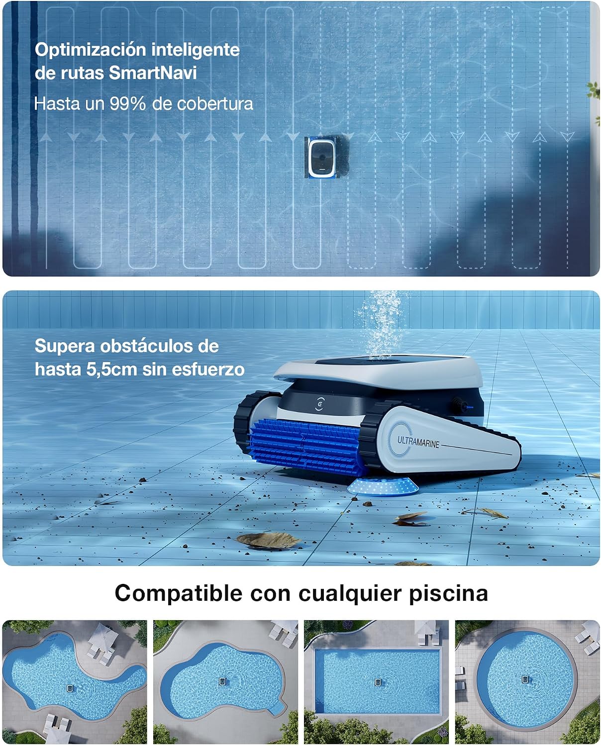 ECOVACS Ultramarine P1 Robot Piscina, Batería de 180min, hasta 180m², Succión UltraPure de 4800 GPH, Control por App., Filtro de Doble Capa, Navegación SmartNavi