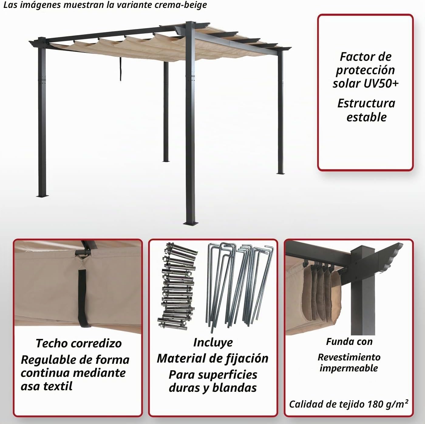 Pérgola de aluminio HWC-N93, cenador para jardín, estable estructura de 8 cm, techo solar UV50+ 3 x 4 m, color topo