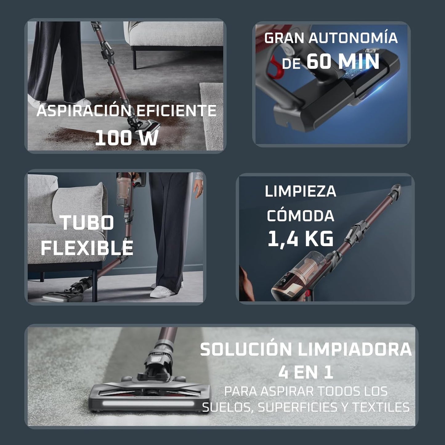Rowenta X-Pert 6.80 Flex, Aspiradora Escoba Sin Cable, Autonomía de hasta 60 Minutos, con Luces led, Limpieza 4 en 1, Ligera, Smart Control Display, Modelo Animal Flex, Burdeos, RH6493E0