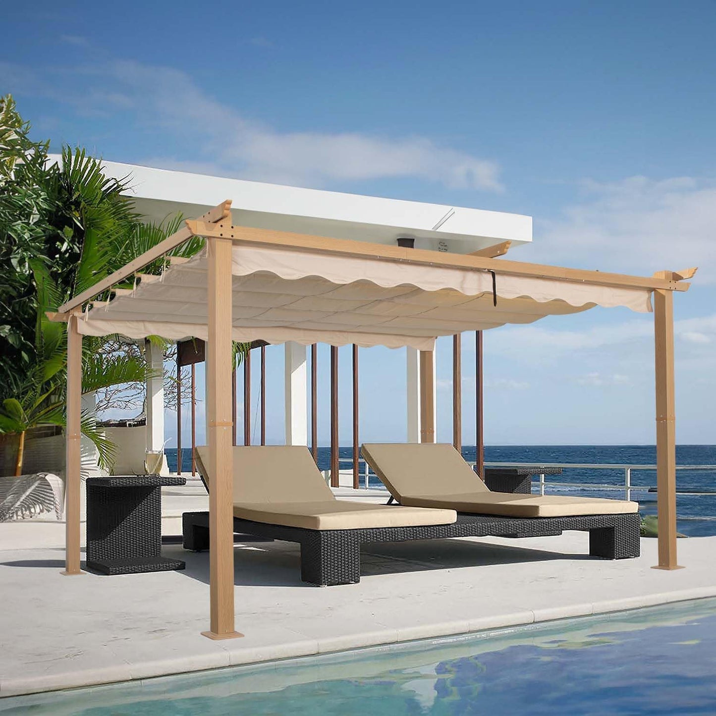 Angel Living Pergola de Aluminio, Deslizante Retráctil, Tejido de Poliéster de Alta Densidad Repelente al Agua y Resistente a los Rayos UV, Cobertizo para Jardín, Terraza Beige (3 x 4)
