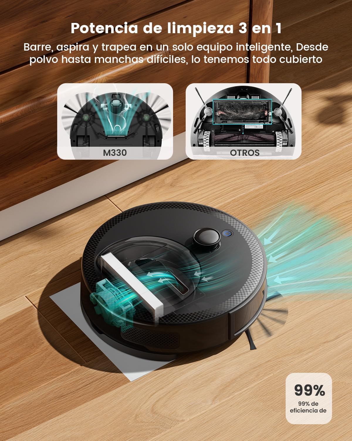 Lefant M330 Robot Aspirador y Fregasuelos con Mapeo 3 en 1, 5000Pa, 150min, Evitación de Obstáculos PSD 190°, Navegación dToF, 2,4GHz y 5GHz WiFi/Alexa/App, Ideal para Pelo de Mascotas y Alfombras