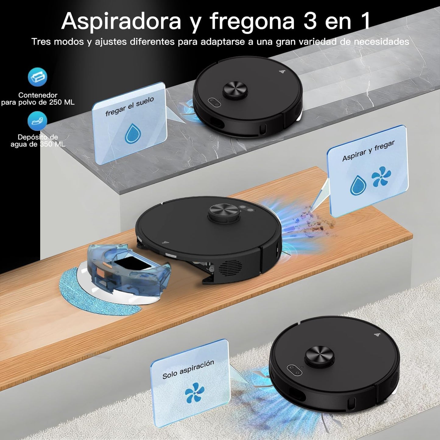 Robot Aspirador y fregasuelos hasta 8000 Pa Potente succión Autovaciado Autonomía de 220 Minutos Navegación Láser LiDAR y Mapeo Lnteligente,Limpieza Personalizada Control por Voz y App-B
