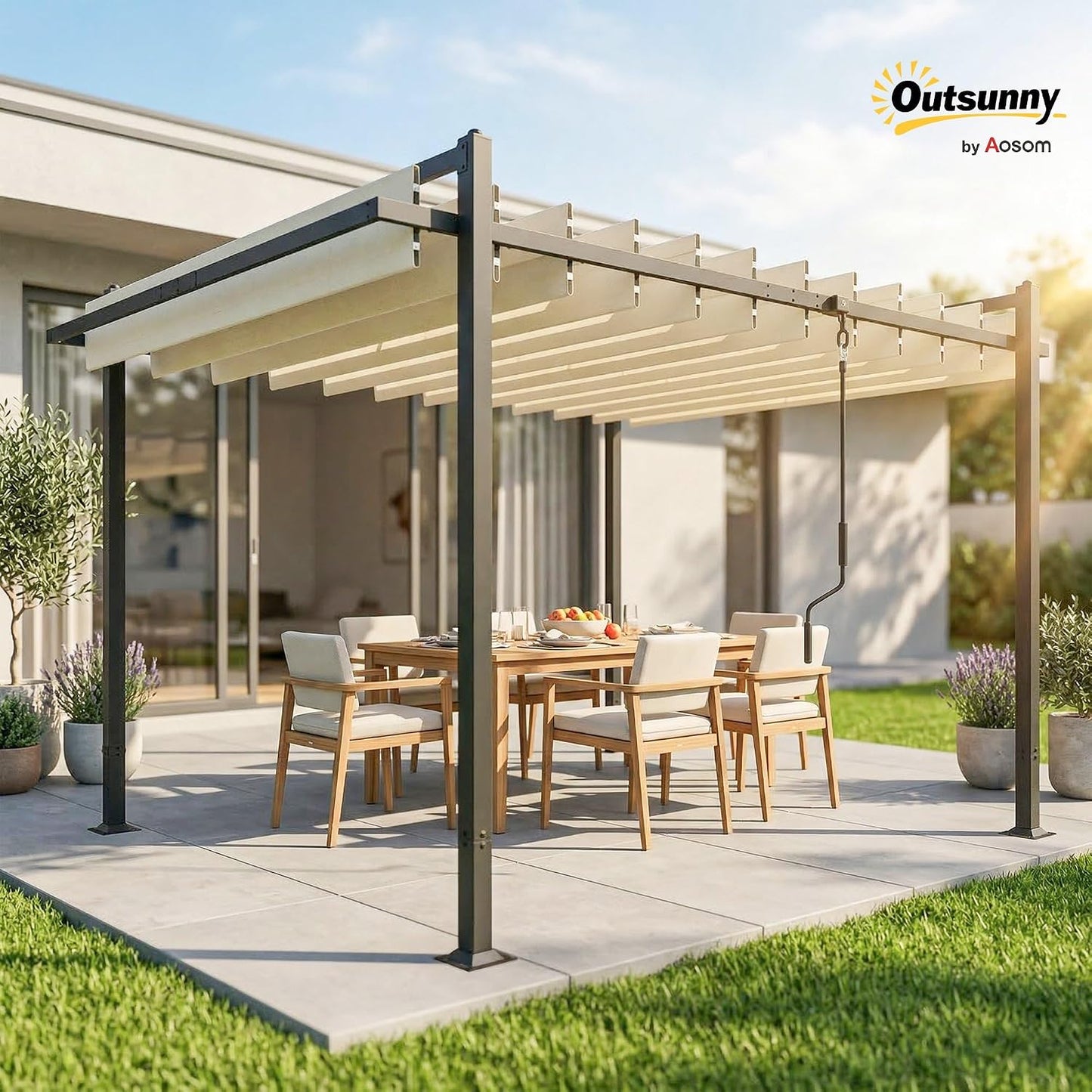 Outsunny Pérgola de Jardín 3x3,8 m, Cenador de Jardín con Techo de Lamas Ajustable a 90°, Manivela, Estructura de Aluminio y Acero, Protección UPF50+, Pabellón para Exterior, Patio, Terraza, Beige