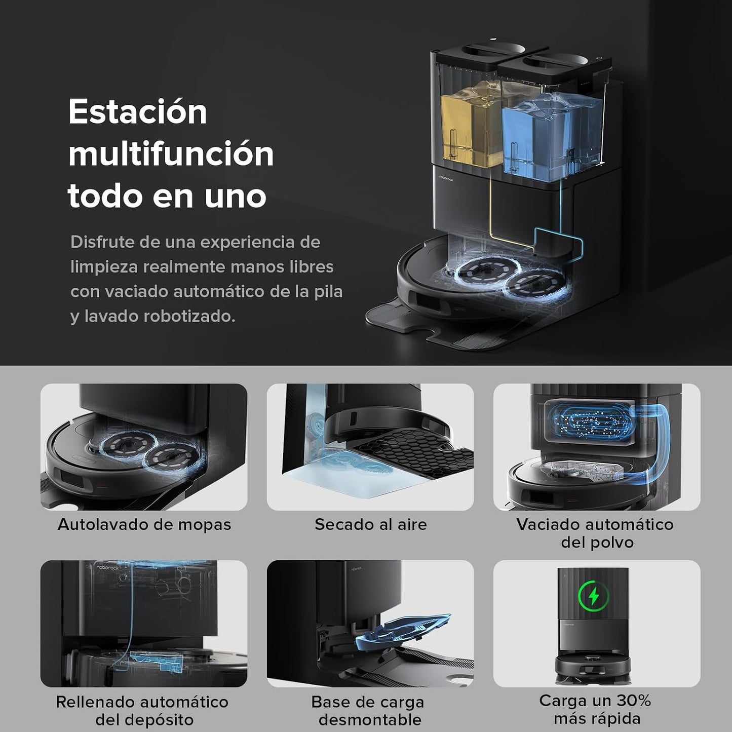 roborock Robot Aspirador QV 35A Set, 8000Pa de succión, Dos mopas giratorias elevables, cepillos antienredos, tecnología reactiva para Evitar obstáculos, navegación y mapeo,Negro