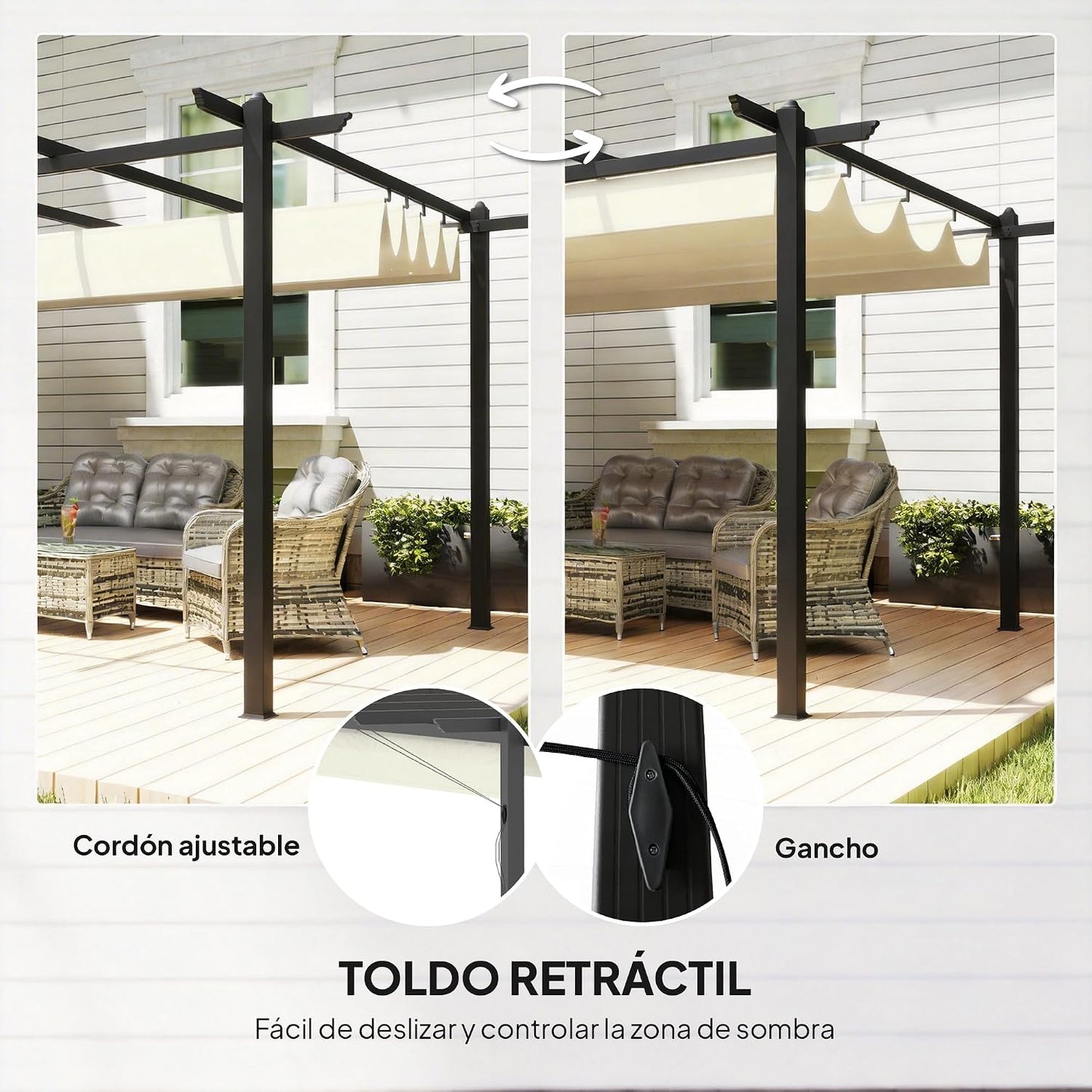 Outsunny Pérgola de Jardín 4x3 m con Techo Retráctil, Cenador de Jardín con Estructura de Aluminio, UPF30+, Orificios de Drenaje, Pabellón para Exterior, Patio, Terraza, Crema