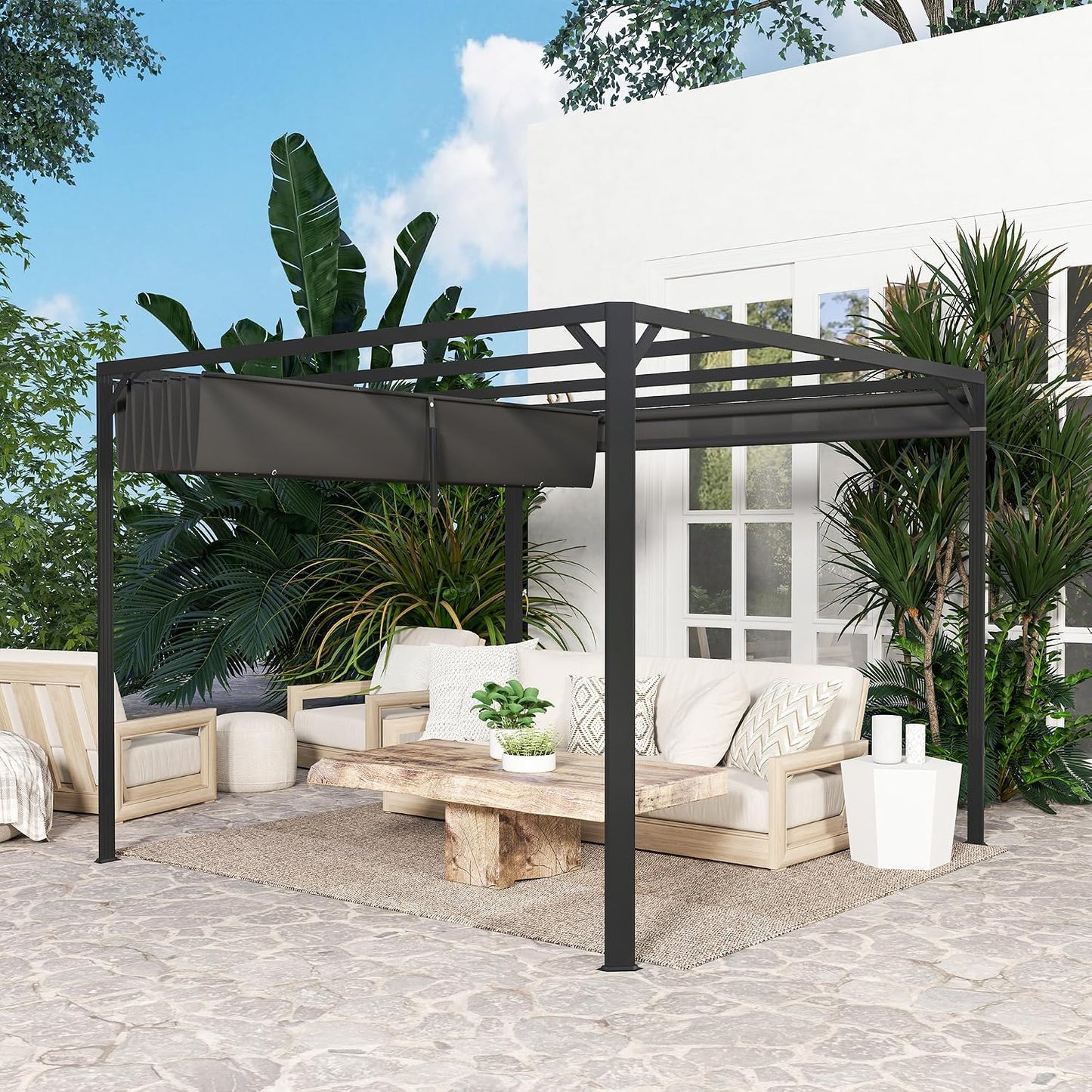 Outsunny Pérgola de Jardín 3x3 m con Techo Retráctil, Pared Lateral Enrollable y Estructura de Aluminio, Cenador de Jardín con UPF30+, Pabellón para Exterior, Patio, Terraza, Gris Oscuro