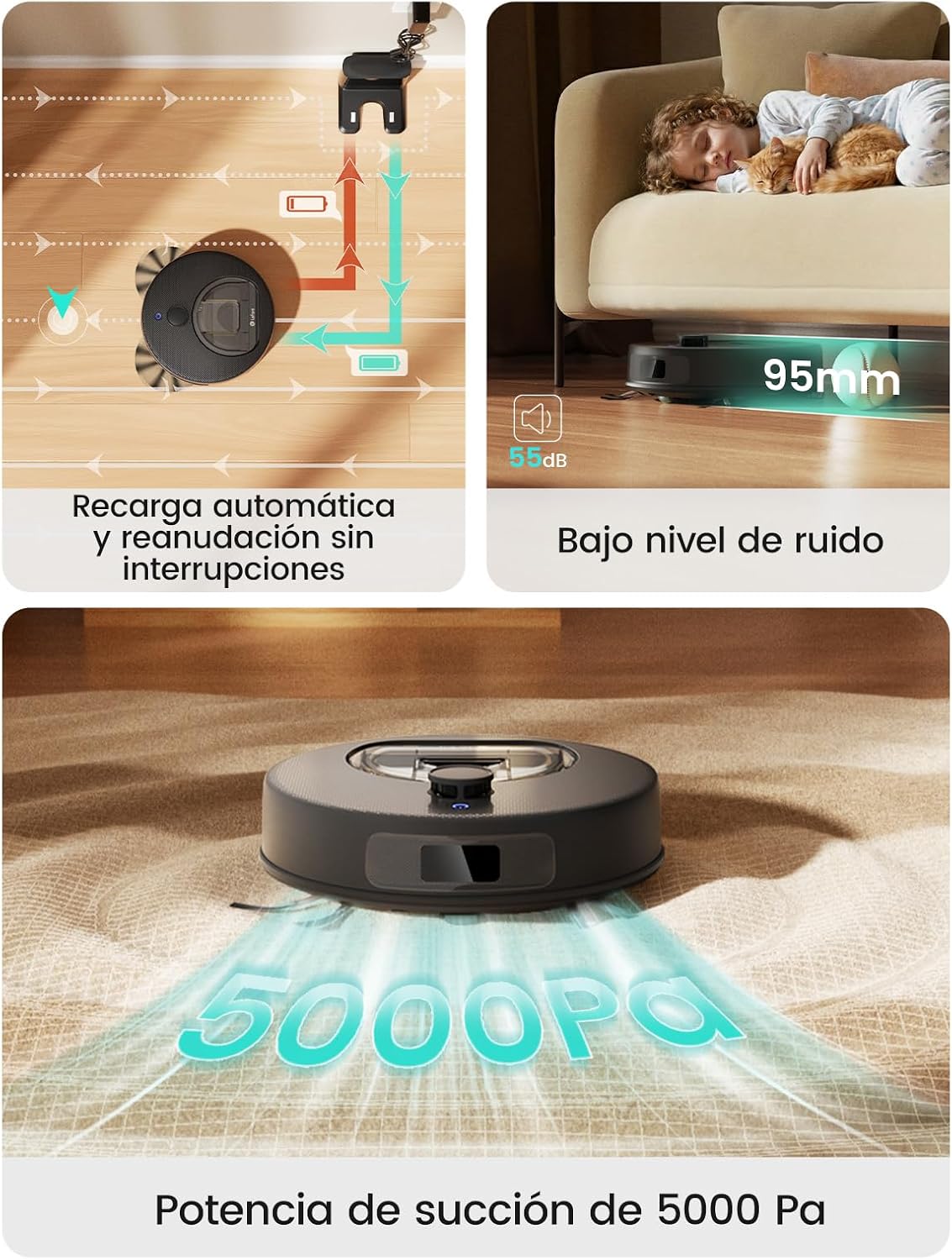 Lefant M330 Plus Robot Aspirador y Fregasuelos 3 en 1, 150 min, 5000 Pa, Navegación dToF, Depósito 450 ml, Carga Automática, Robot Aspirador para Alfombras, WiFi/App/Alexa, Negro