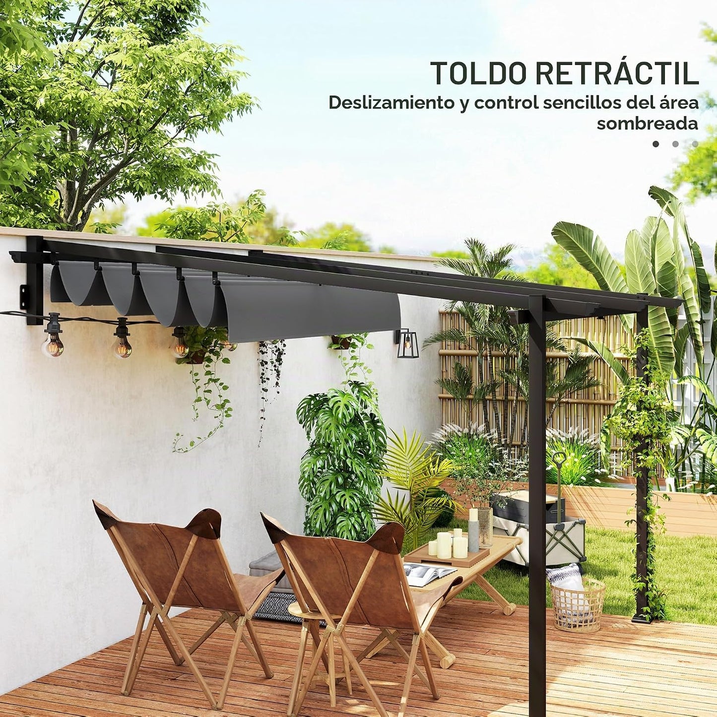 Outsunny pérgola con tejado Aprox. 3x3m para Patio y pabellón de jardín, aluminio, montado en la pared, protección solar ajustable