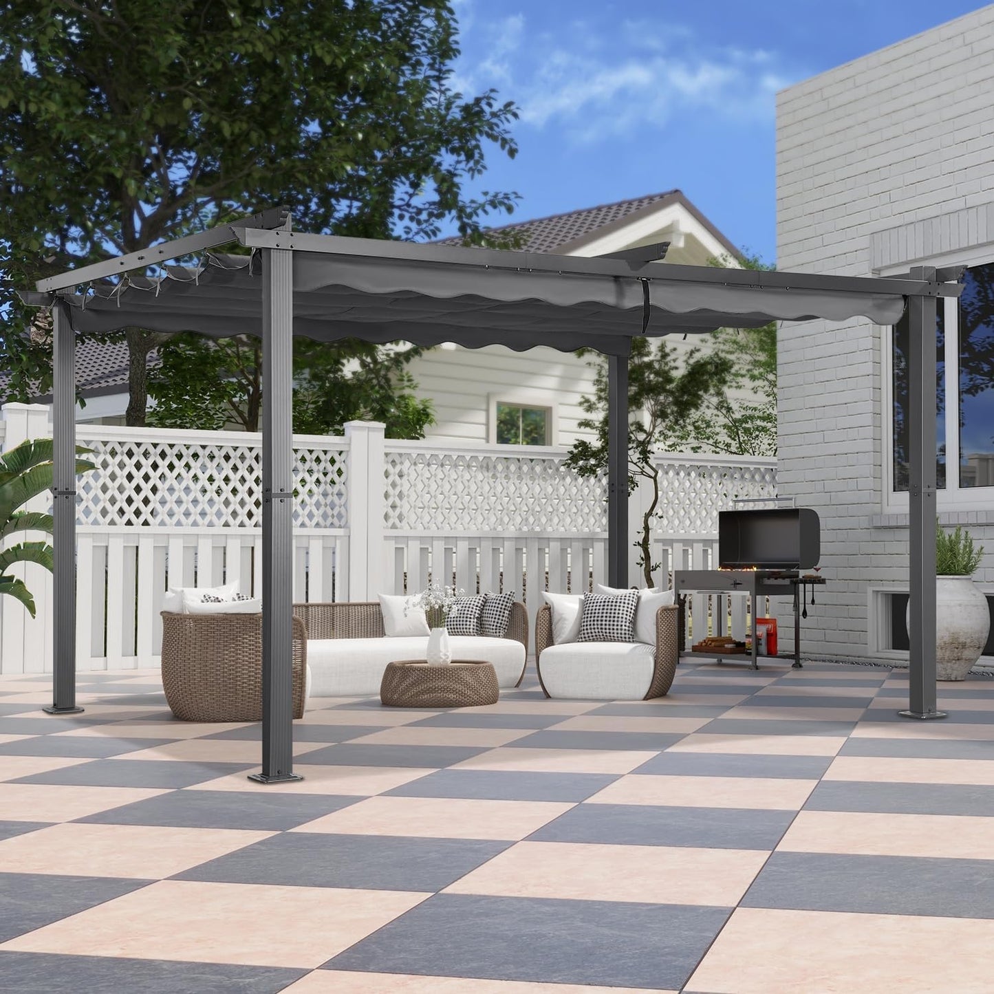Angel Living Pérgola de Aluminio de 3 x 4 m con Techo retráctil, Pabellón con Diseño Elegante, Cenador con Tela de Poliéster Resistente al Agua y a UV, para Exteriores, Patio, jardín (Gris, 3 x 4)