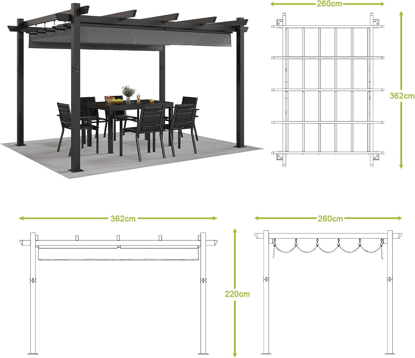 Devoko Pergola 3x4, Pergolas de Jardin, con Fijaciones Magnéticas y Zona de Sombra Ajustable, Pergolas de Aluminio, Adecuada para Escenarios como Jardines y Patios,Negro