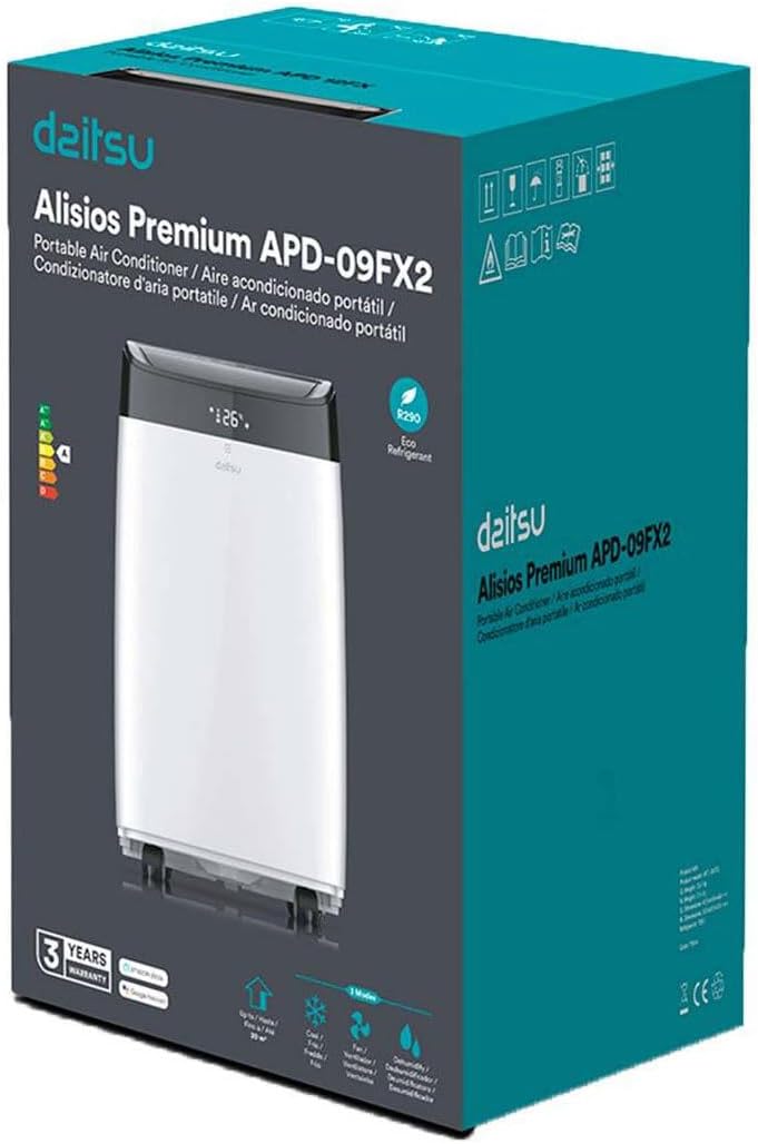 Daitsu Aire Acondicionado Portátil con Deshumidificador Alisios Premium APD 09FX2 | Mando a Distancia | Eficiente y Compacto para el Hogar y Oficina | Estancias hasta 22 m2.