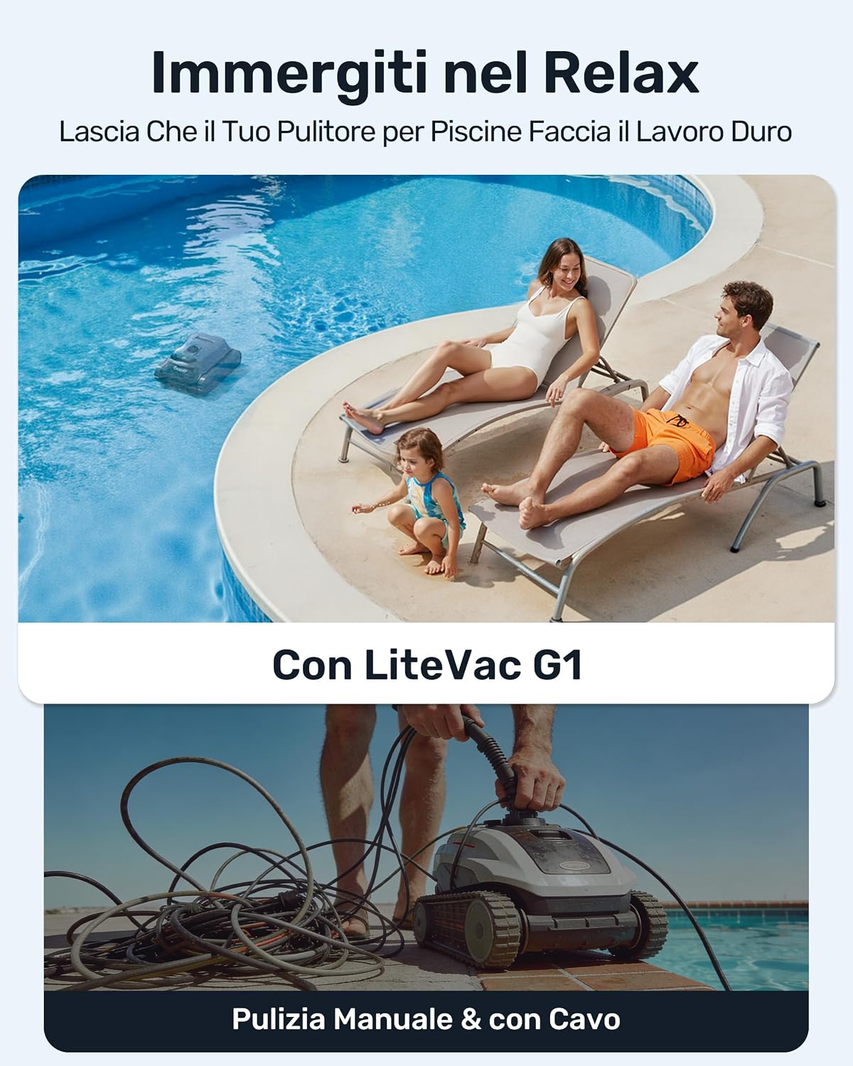 Gosvor LiteVac G1 Robot Limpiafondos Piscina,7kg,200min Autonomía,Doble Filtración,Control de la App,200m²,Gris