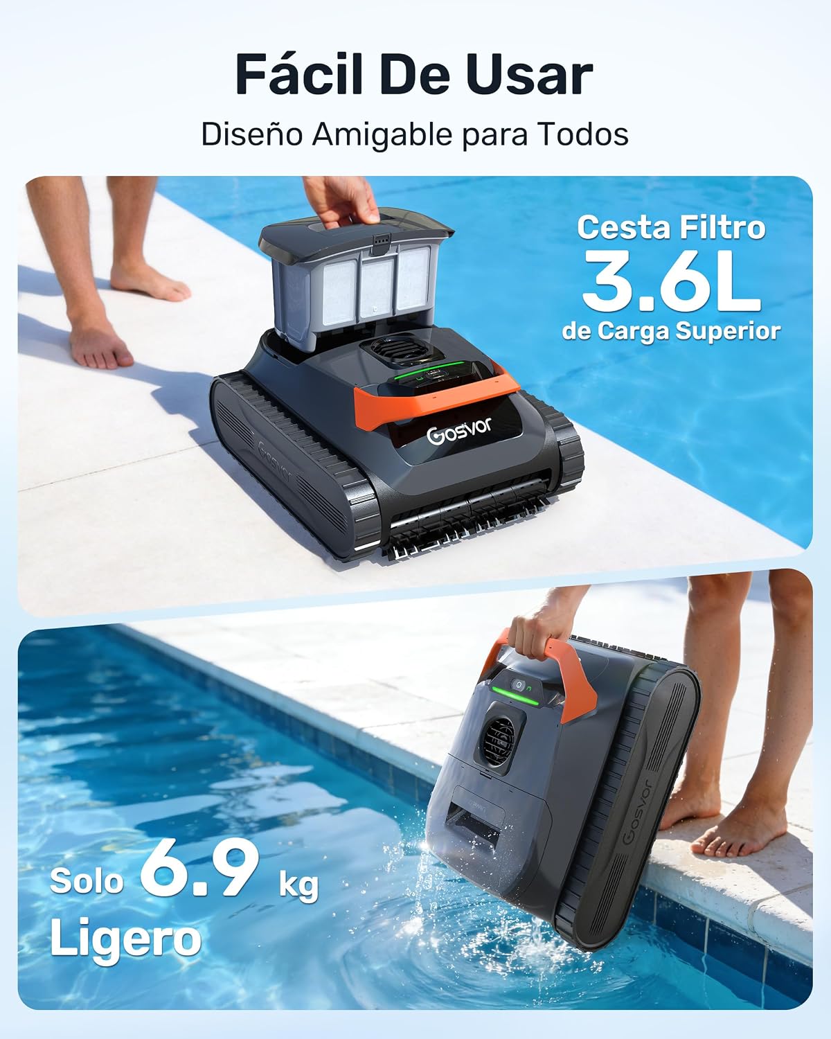 Gosvor (Nuevo 2026) LiteVac G1 Robot Limpiafondos Piscina,Paredes,Línea y Plataformas,7kg,200min Autonomía,Doble Filtración,Navegación Inteligente y App,200m²,Gris Anaranjado