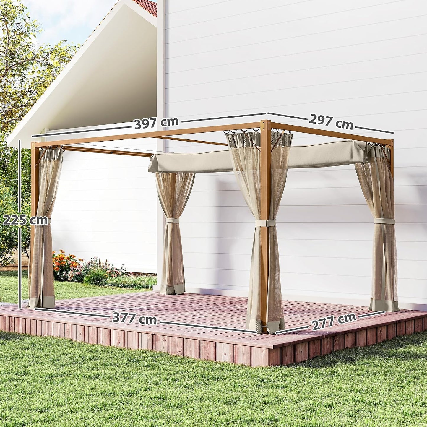 Outsunny Pérgola de Jardín 3x4 m con Techo Retráctil y 4 Paredes Laterales de Malla, Cenador de Jardín con Estructura de Aluminio, UPF30+, Pabellón para Exterior, Patio, Terraza, Natural