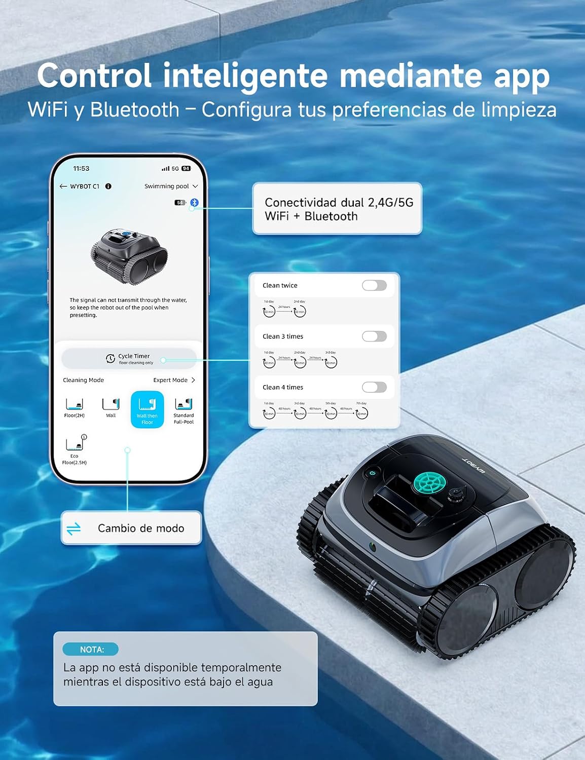 WYBOT C1-P Robot de Piscina y Robot limpiafondos Piscina, Robot Piscina limpiafondos y Paredes - 4 en 1 Aspirador sin Cable, succión Mejorada, 5 Modos, App, 155m² –Verde Acero Jade