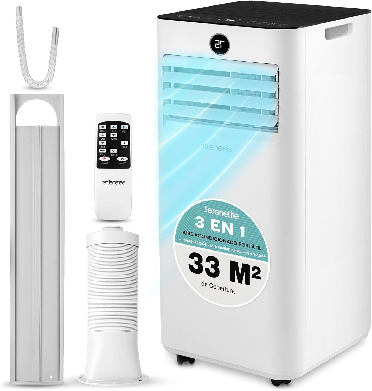 SereneLife Aire Acondicionado Portátil 9000 BTU con Kit de Ventana, Bajo Consumo, Silencioso con Display LED, Deshumidificador 3 Modos, Mando a Distancia, Compacto para Habitación