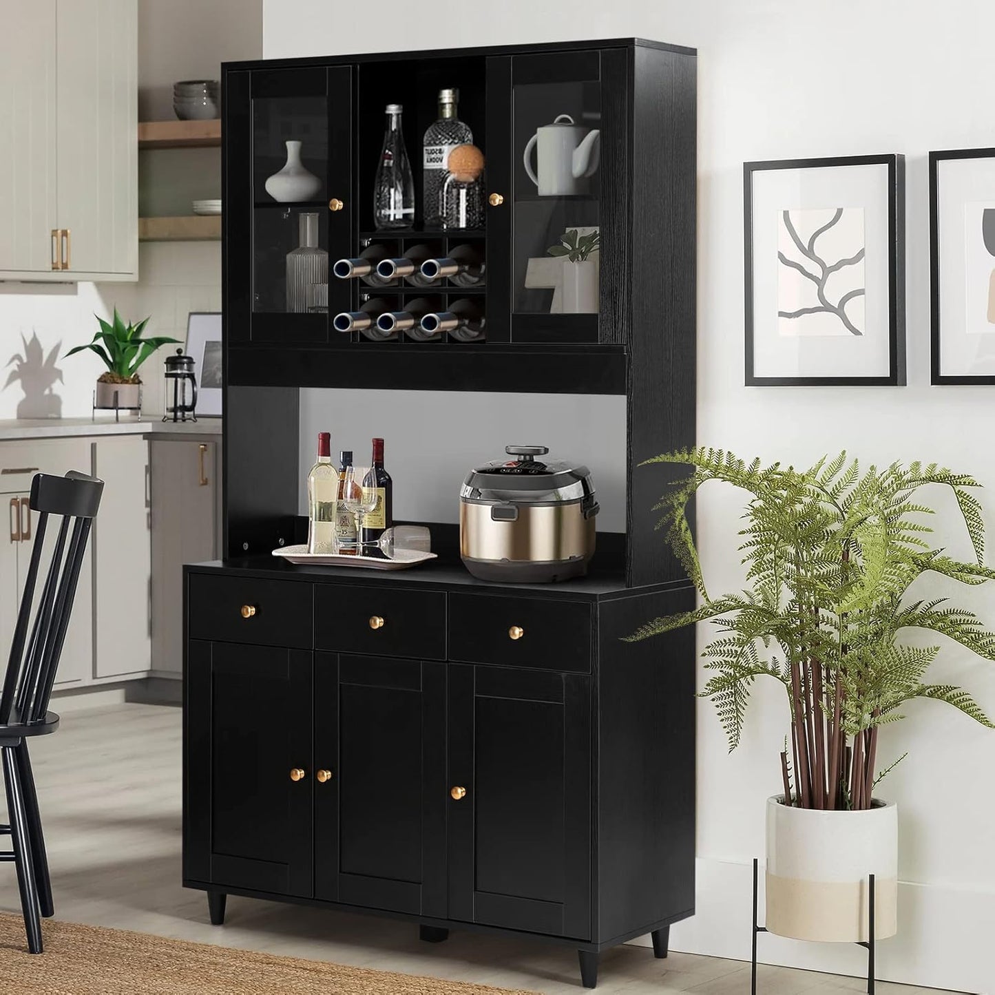 VOWNER Armario Aparador Cocina/Buffet, 100L x 38W x 181H cm, Mueble Auxiliar de Almacenaje, 5 Puertas y 5 Baldas Ajustables, Blanco