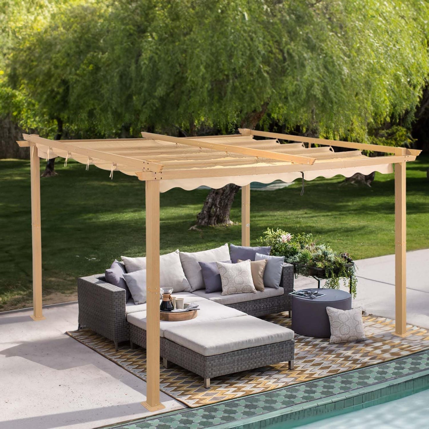 Angel Living Pergola de Aluminio, Deslizante Retráctil, Tejido de Poliéster de Alta Densidad Repelente al Agua y Resistente a los Rayos UV, Cobertizo para Jardín, Terraza Beige (3 x 4)