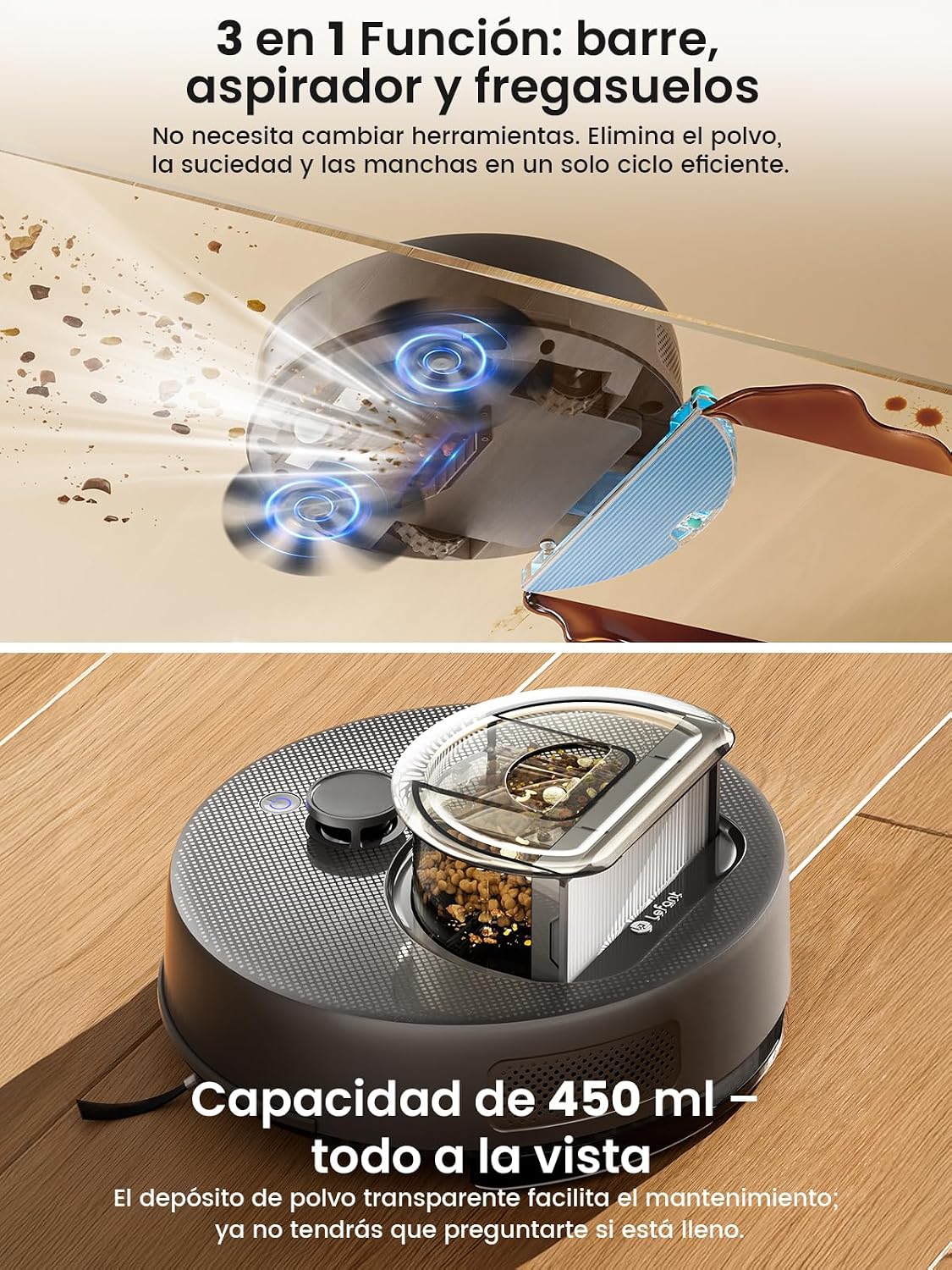 Lefant M330 Plus Robot Aspirador y Fregasuelos 3 en 1, 5000 Pa de Potencia, Navegación dToF, 150 min de Autonomía, Anti-enredos para Mascotas, WiFi/App/Alexa, Gris