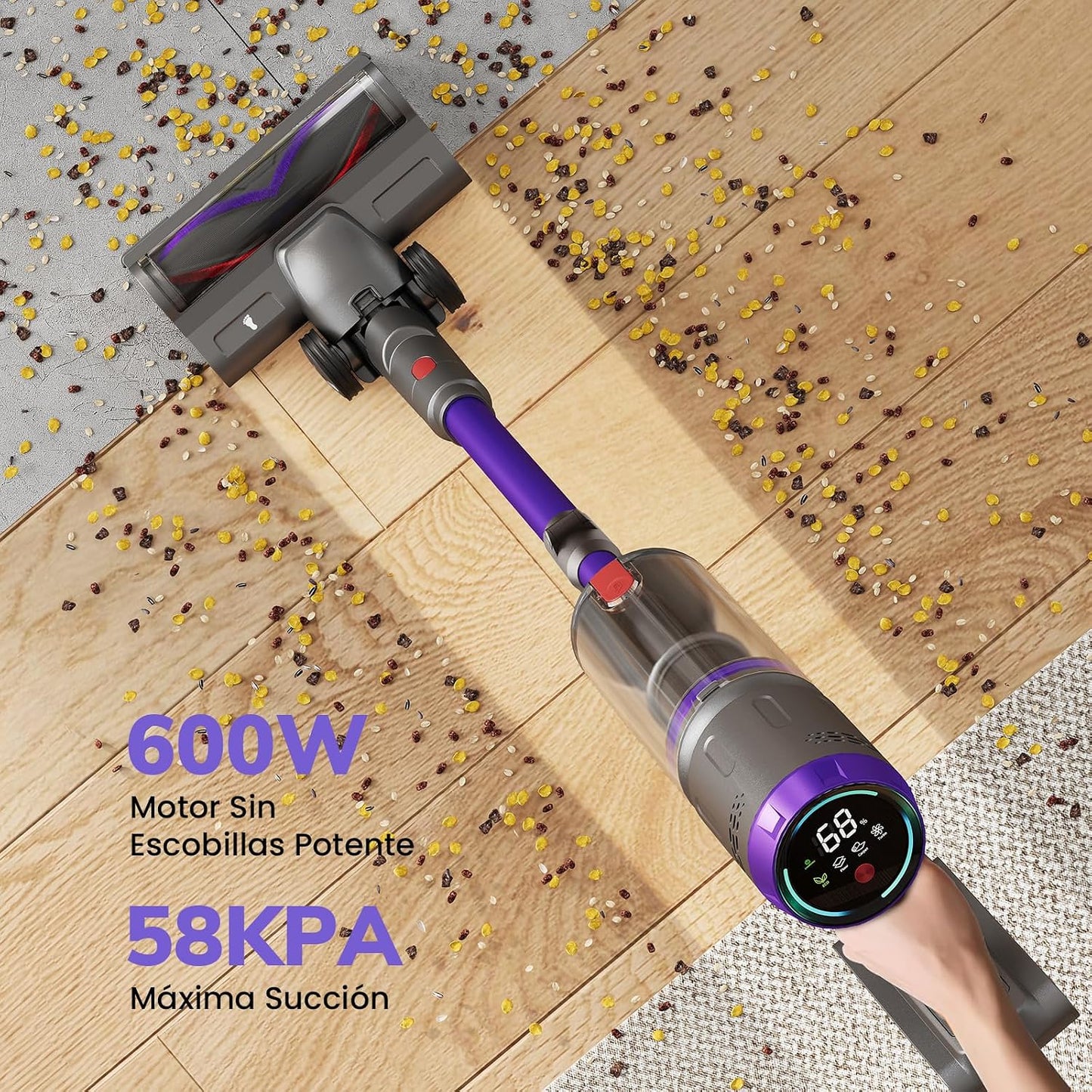Aspiradora Sin Cable 58000Pa/600W/75Min, Escoba Aspiradora sin Cable con Brazo Flexible, Tubo Flexible de 1 m, Boquilla Mini FurTornado™, Ideal para Suelos, Alfombras y Pelo de Mascotas