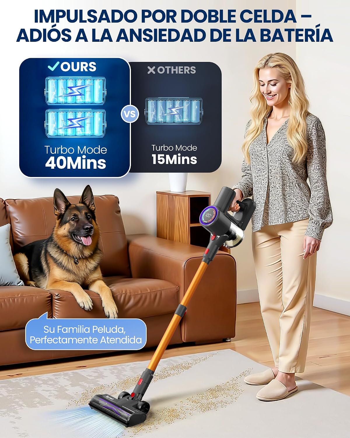DP2 Aspiradora Sin Cable con 2 Baterías Integradas, 48KPa/90Min/600W, Pantalla LED, Tubo Telescópico, Autónomo, Luz Verde, Aspiradora Escoba Sin Cable para Pelo de Mascotas/Alfombras/Suelos Duros