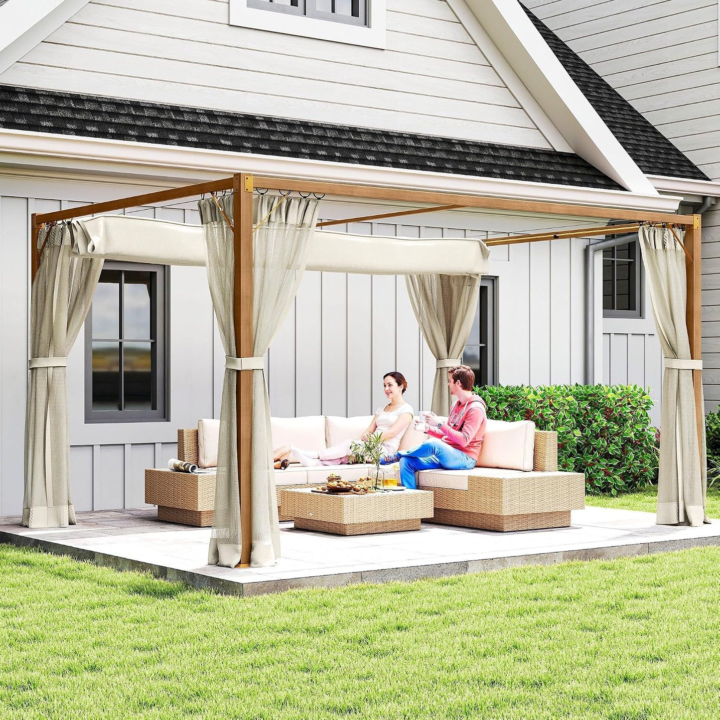 Outsunny Pérgola de Jardín 3x4 m con Techo Retráctil y 4 Paredes Laterales de Malla, Cenador de Jardín con Estructura de Aluminio, UPF30+, Pabellón para Exterior, Patio, Terraza, Natural
