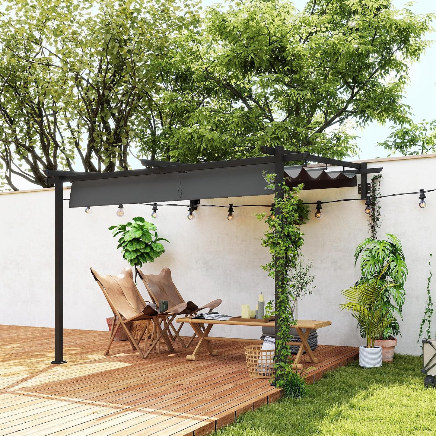 Outsunny pérgola con tejado Aprox. 3x3m para Patio y pabellón de jardín, aluminio, montado en la pared, protección solar ajustable