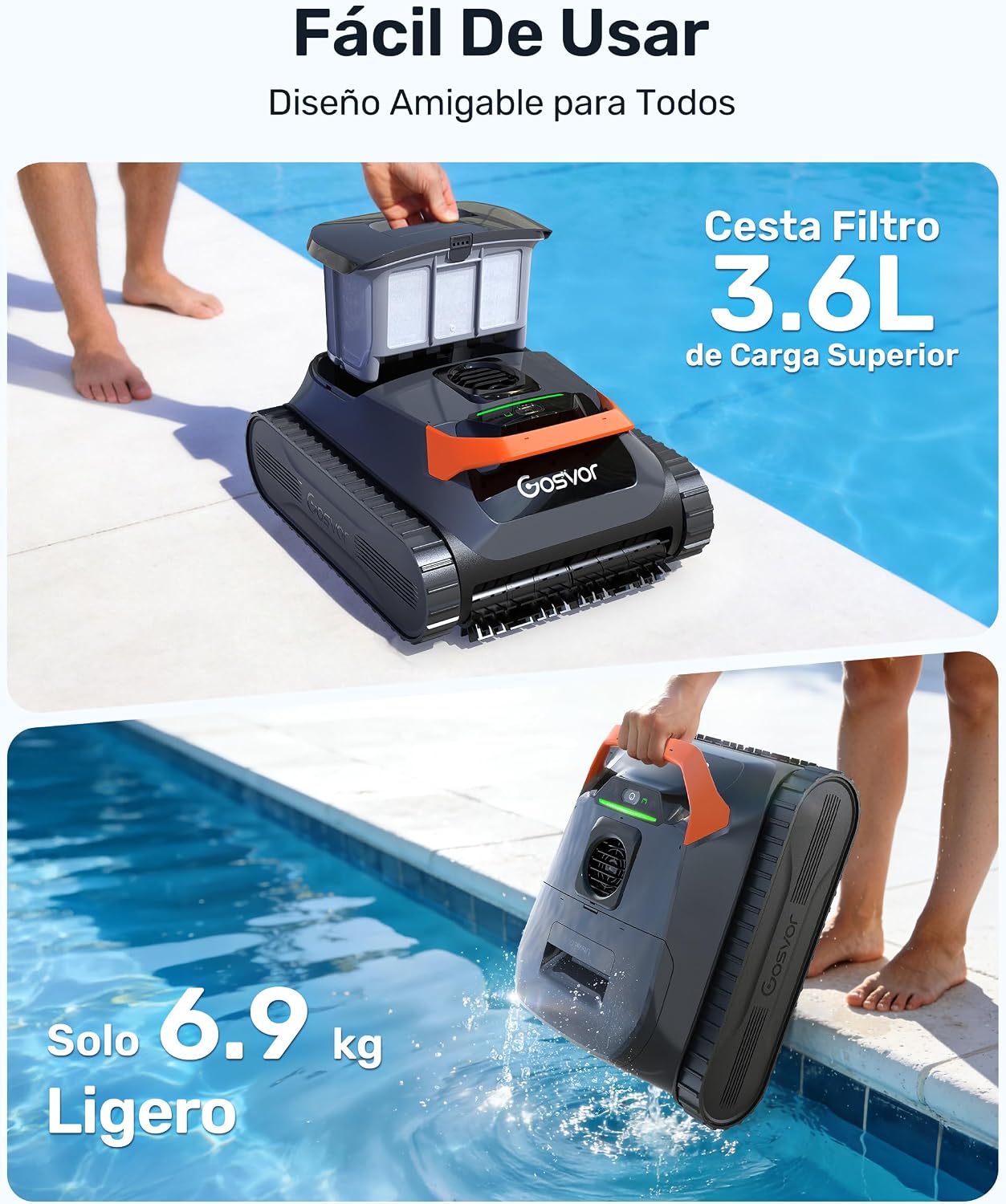 Gosvor LiteVac G1 Robot Limpiafondos Piscina,7kg,200min Autonomía,Doble Filtración,Control de la App,200m²,Gris Anaranjado