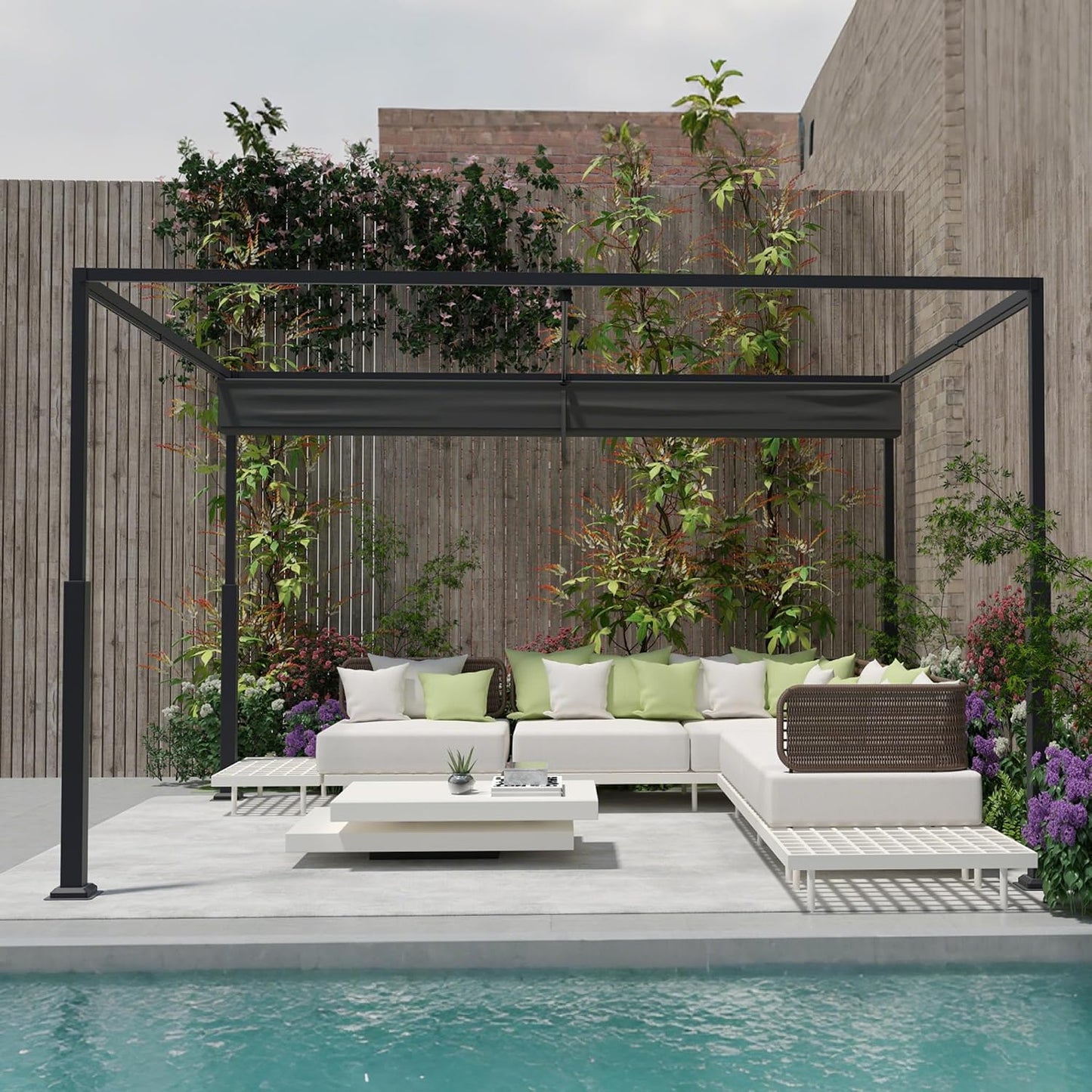 Pérgola de metal con techo solar, cenador estable de 3 x 4 m, para terraza, protección solar, para jardín, con columnas de metal robustas, para jardines, color negro