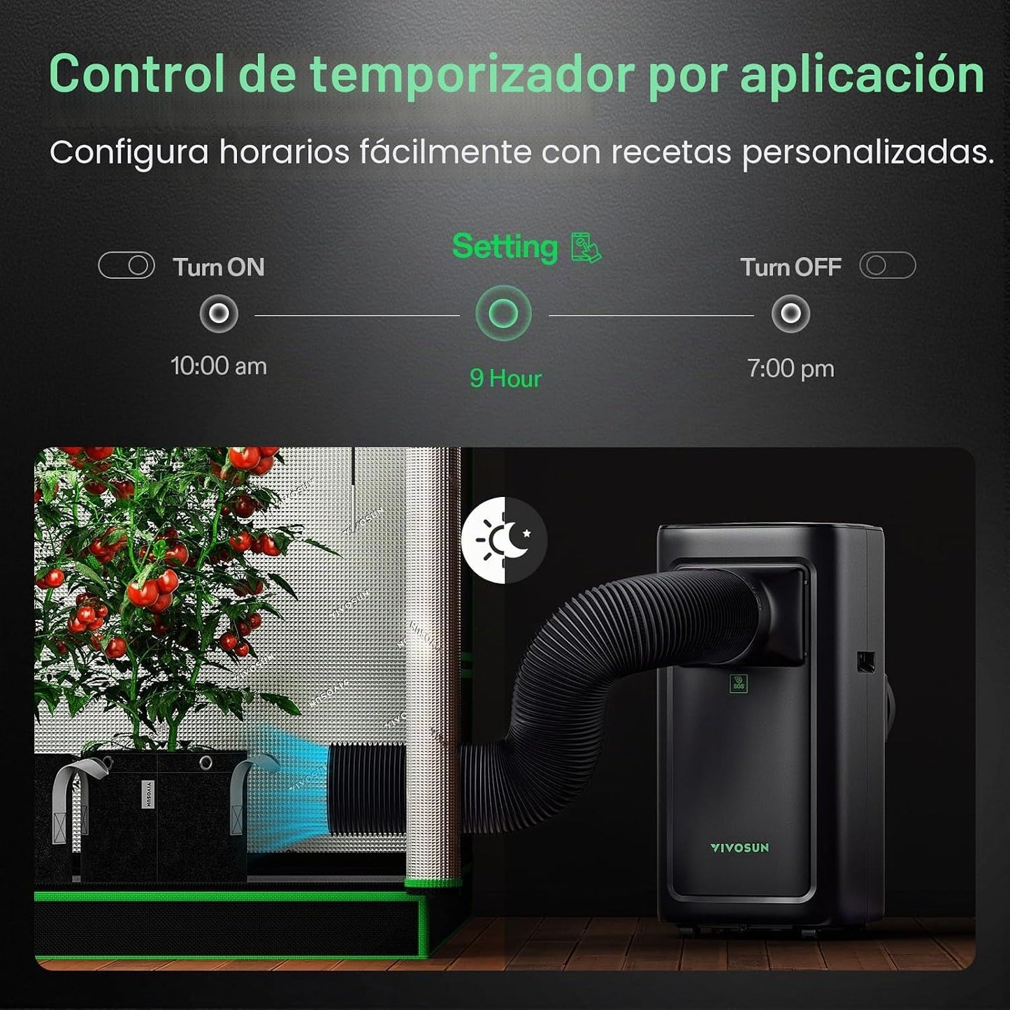 VIVOSUN AeroLush C08 Aire Acondicionado Inteligente, 7000 BTU, Función 4 en 1 con Sensor de Temperatura y Humedad, Control Remoto Inteligente, Ideal para Tiendas de Cultivo y Espacios Interiores