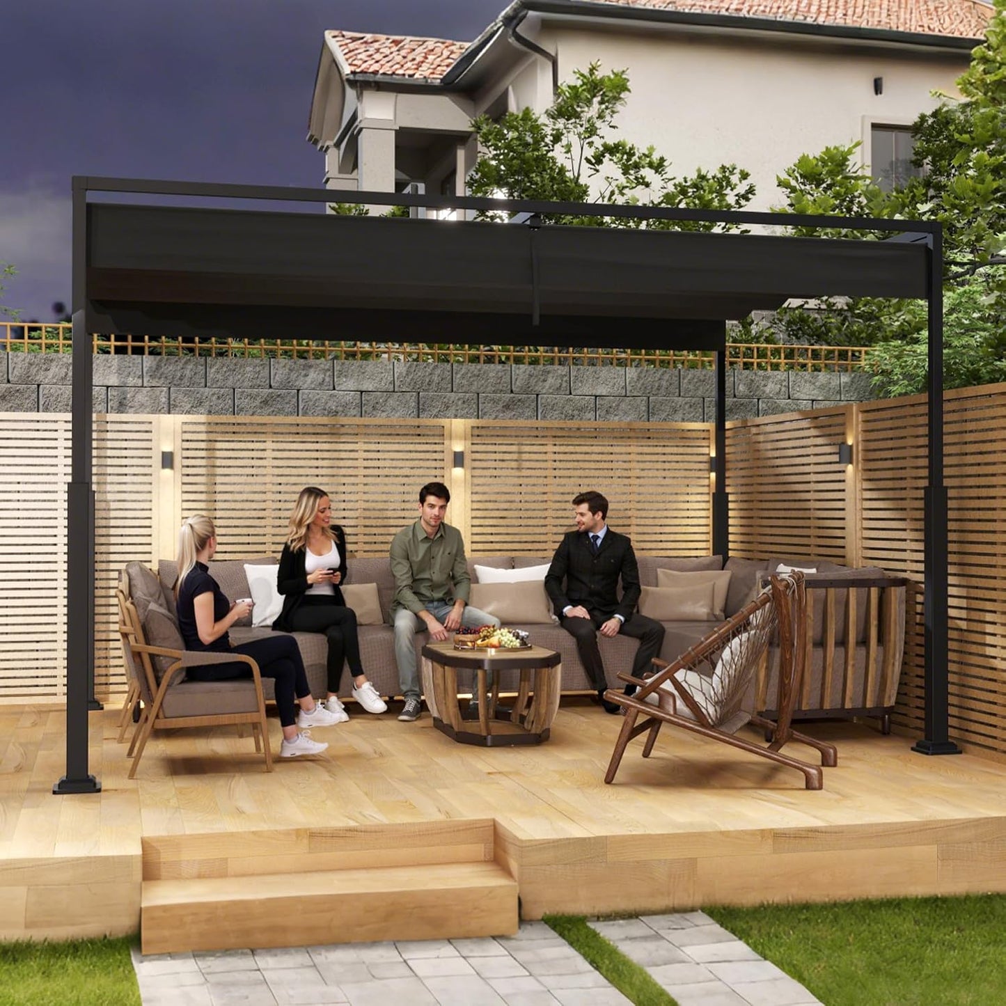 Pérgola de metal con techo solar, cenador estable de 3 x 4 m, para terraza, protección solar, para jardín, con columnas de metal robustas, para jardines, color negro