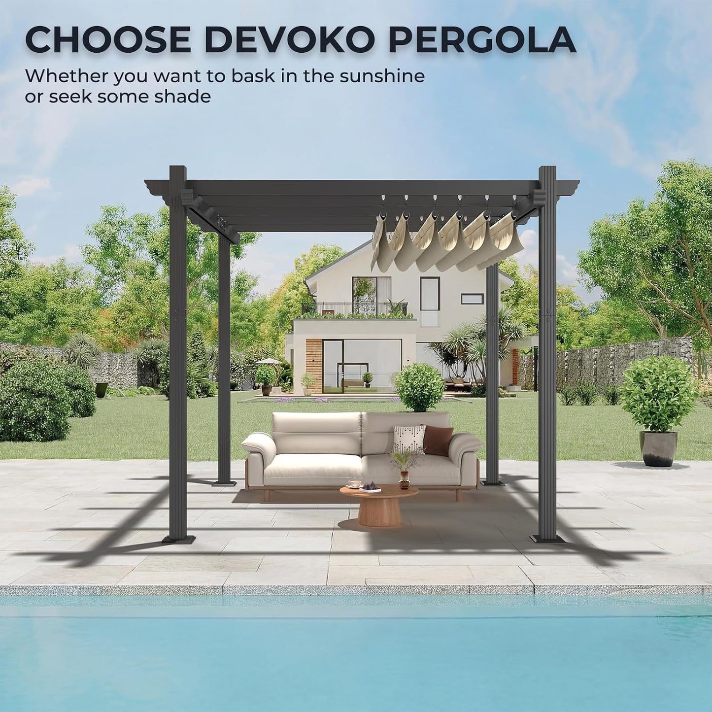 Devoko Pergola Bioclimatica 3x3m, Pergolas de Jardin, con Fijaciones Magnéticas y Zona de Sombra Ajustable, Cenador Pergolas de Aluminio, Adecuada para Escenarios como Jardines y Patios, Beige