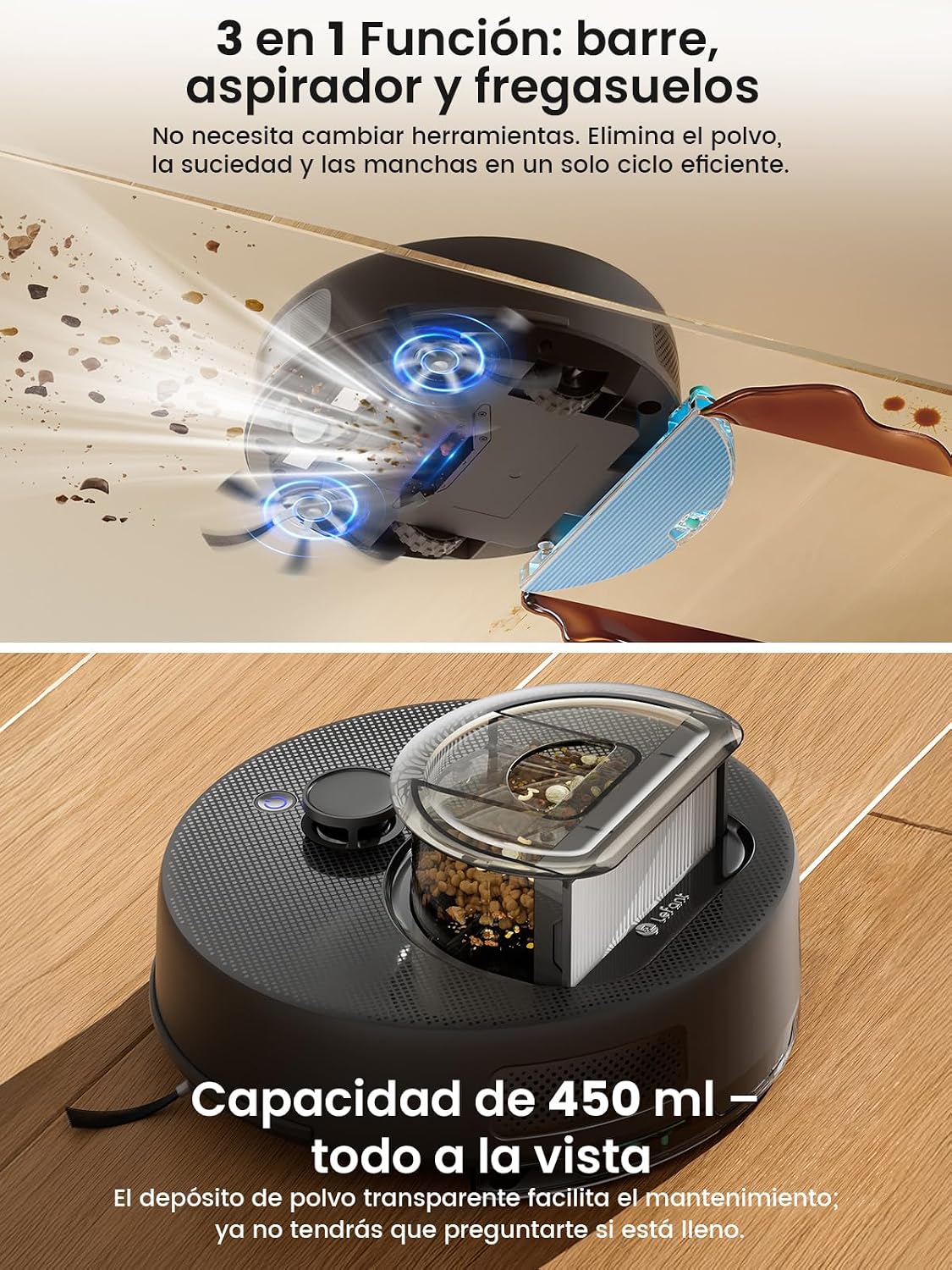 Lefant M330 Plus Robot Aspirador y Fregasuelos 3 en 1, 150 min, 5000 Pa, Navegación dToF, Depósito 450 ml, Carga Automática, Robot Aspirador para Alfombras, WiFi/App/Alexa, Negro