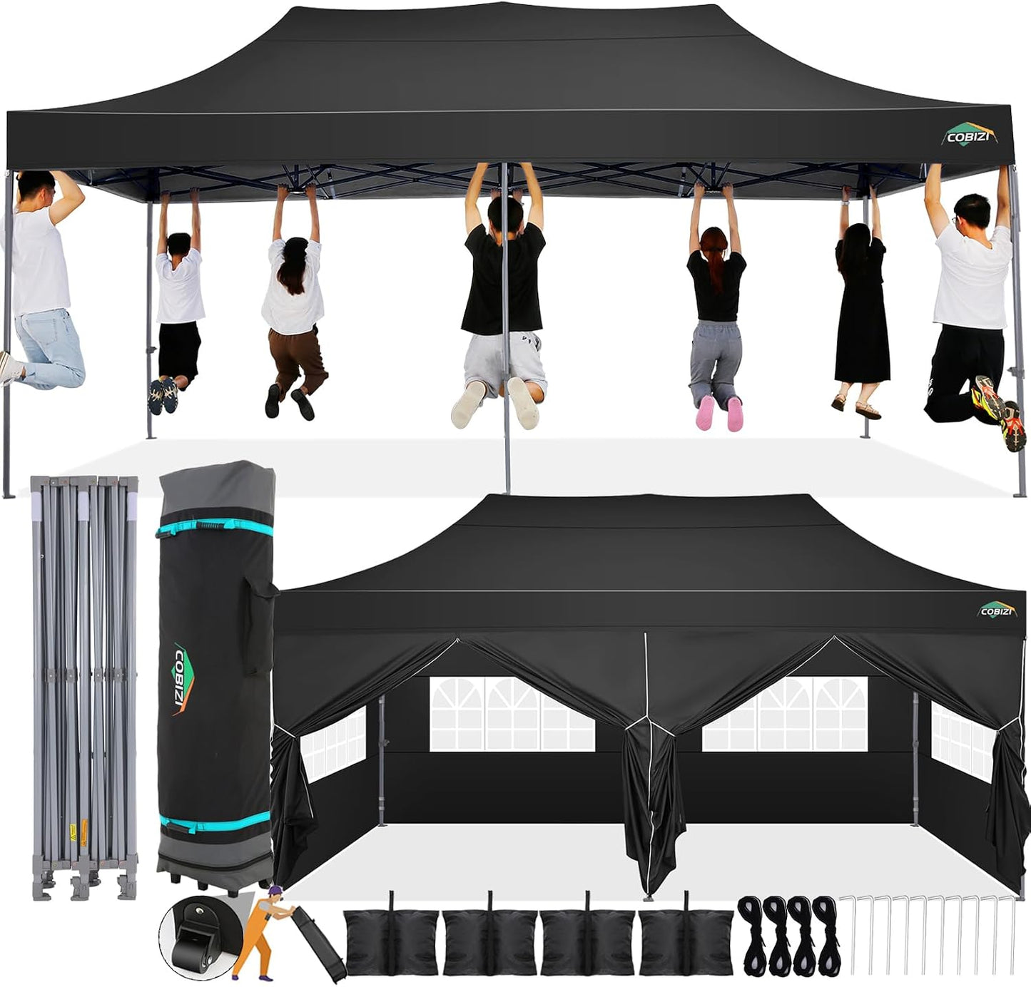 COBIZI Carpa Plegable 3x6 con Pared Lateral,Impermeable Carpa Plegable,Carpas para Exteriores Pergola,Cenadores para Jardin Fiesta Camping Playa (3 por 6m Negro)